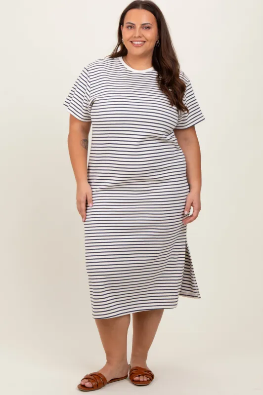 Navy Striped Short Sleeve Plus T-Shirt Midi Dress sold by Pinkblush