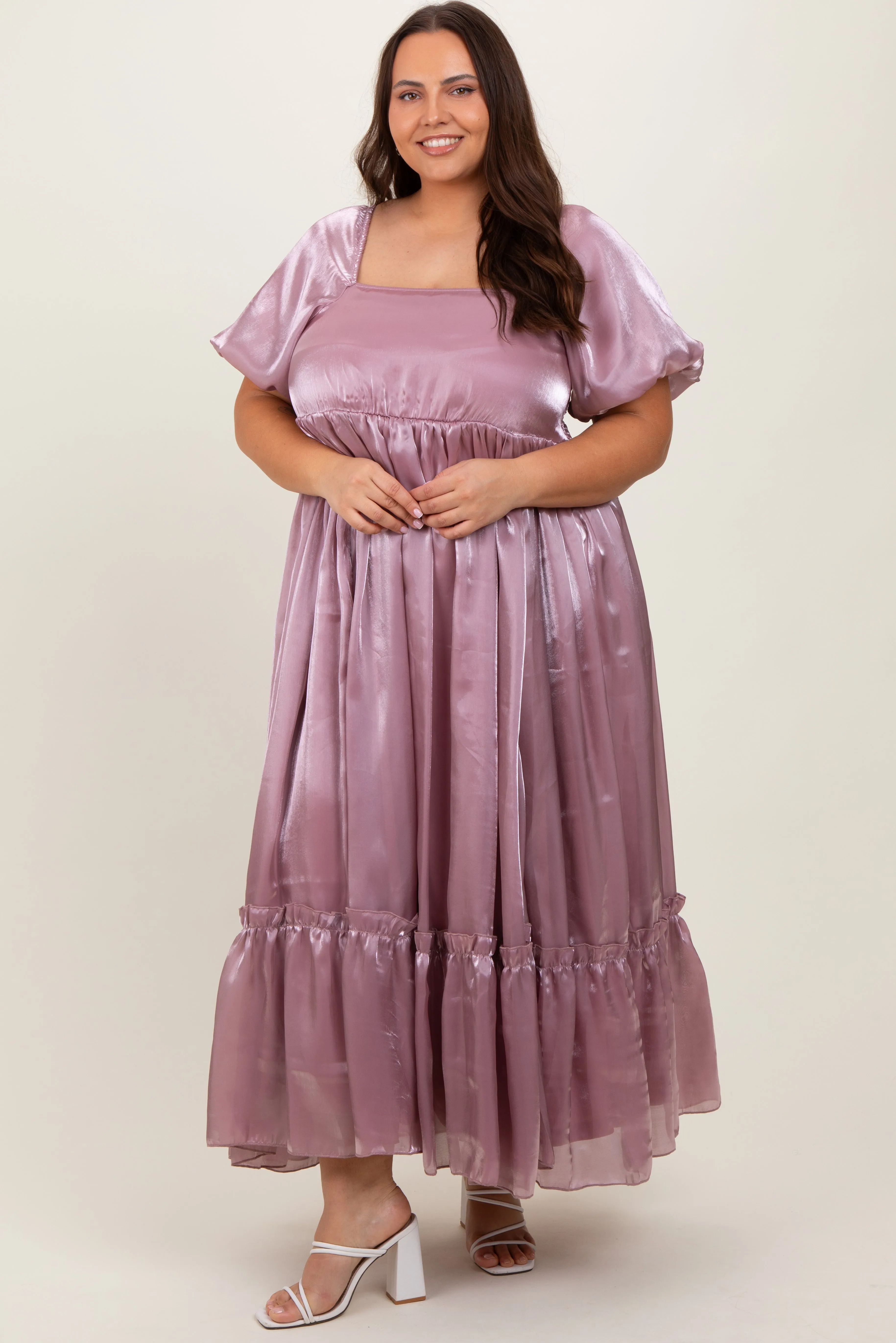 Mauve Puff Sleeve Ruffle Hem Plus Maxi Dress sold by Pinkblush product image thumbnail 2
