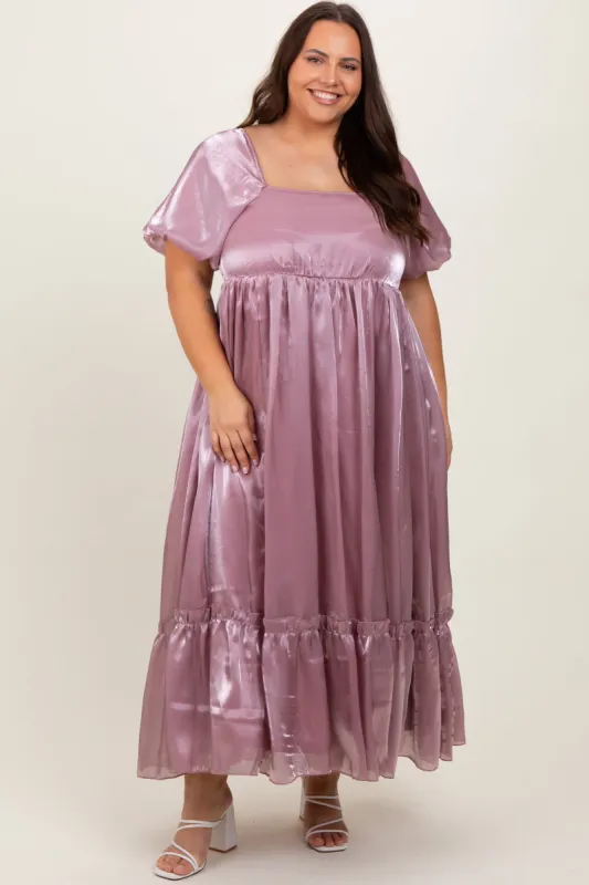 Mauve Puff Sleeve Ruffle Hem Plus Maxi Dress sold by Pinkblush