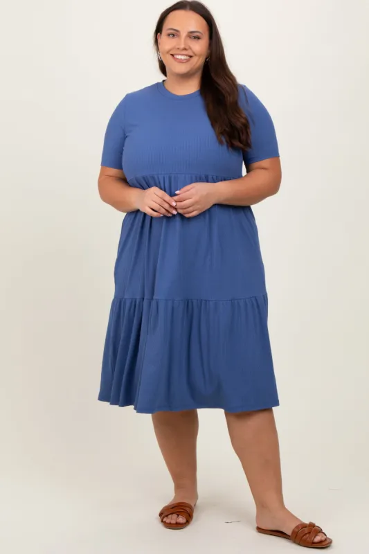 Blue Ribbed Tiered Plus Dress made by Pinkblush