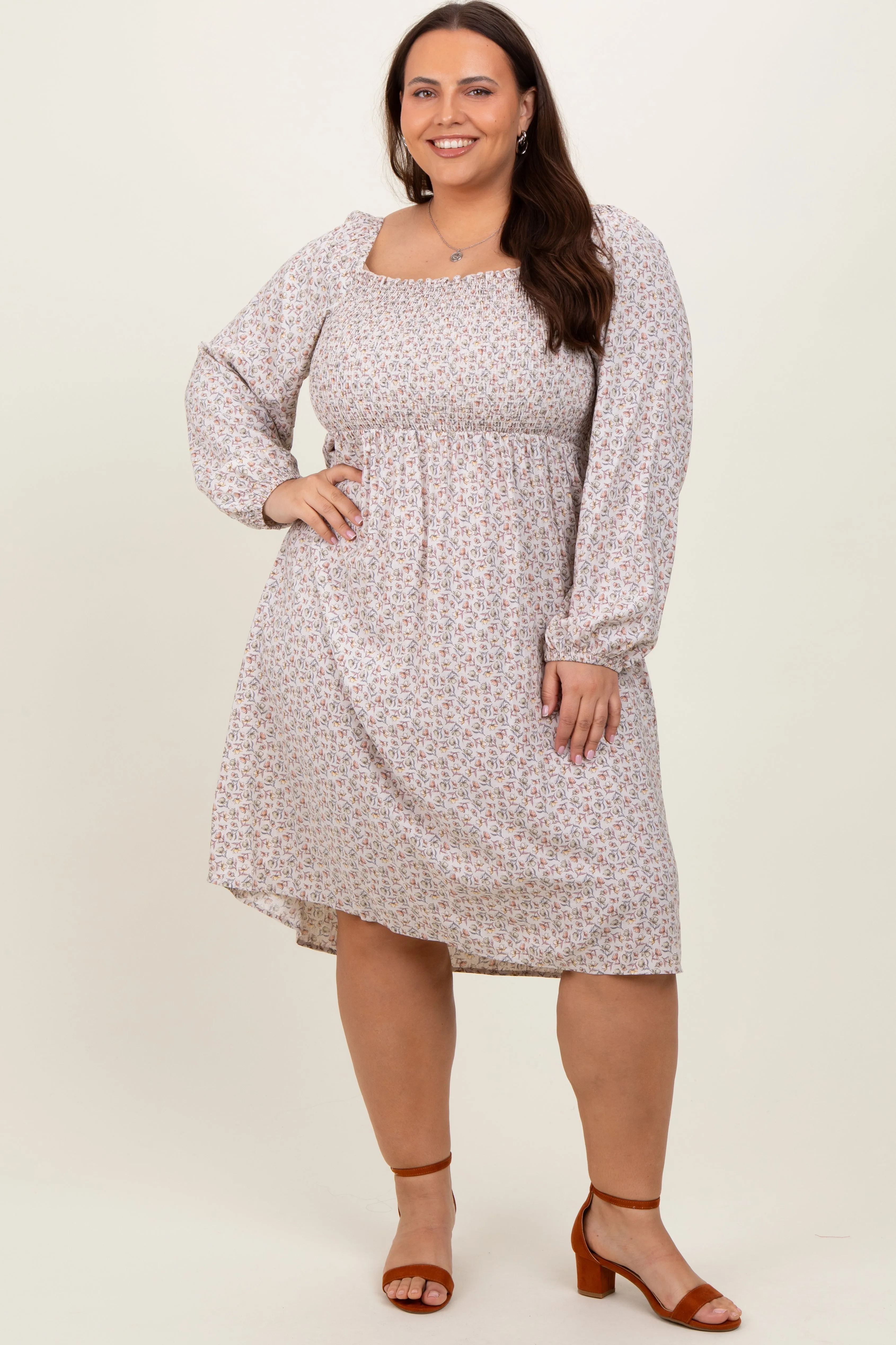 Beige Floral Print Long Sleeve Plus Midi Dress sold by Pinkblush product image thumbnail 2