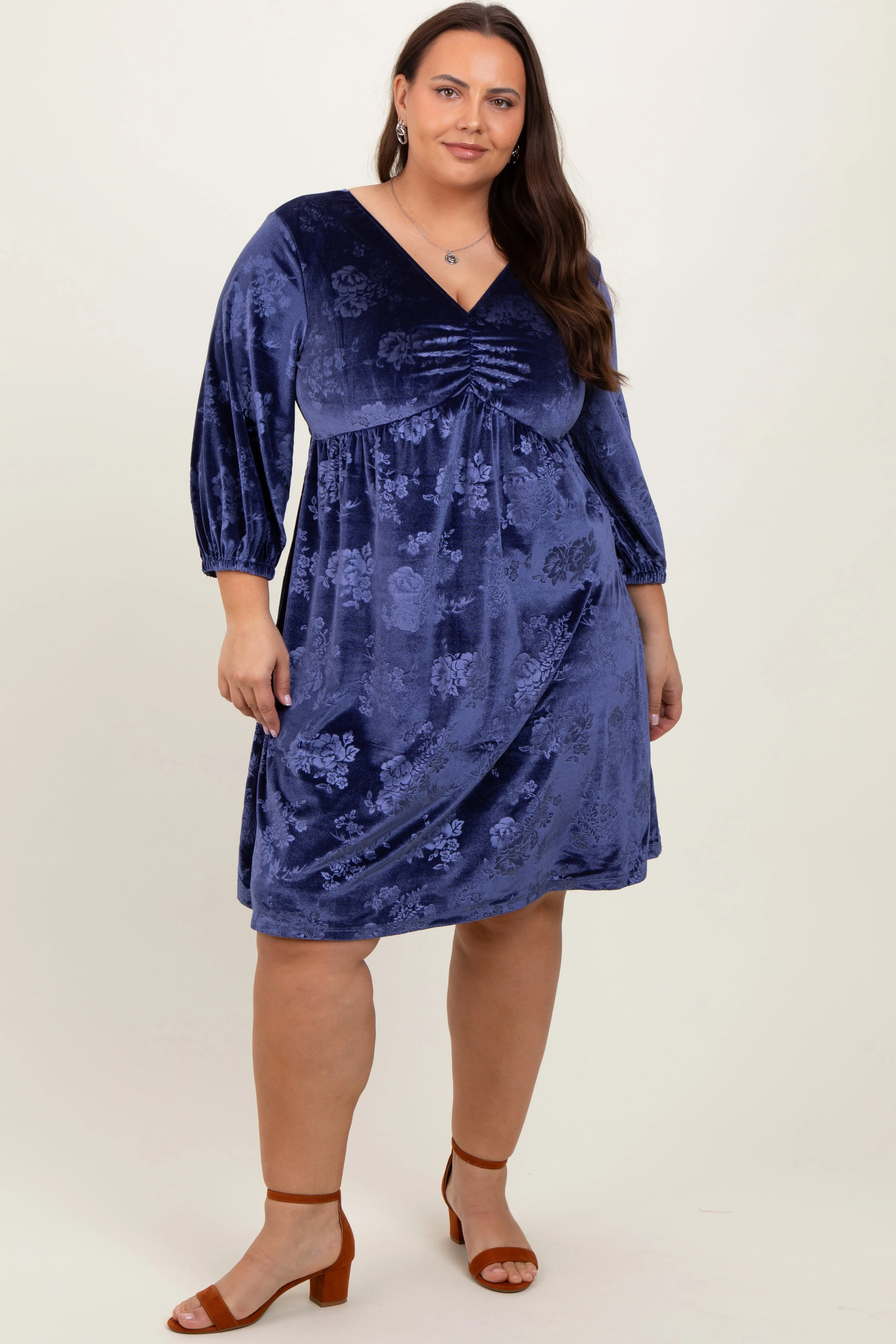 Navy Velvet Floral Ruched Neck Plus Dress sold by Pinkblush