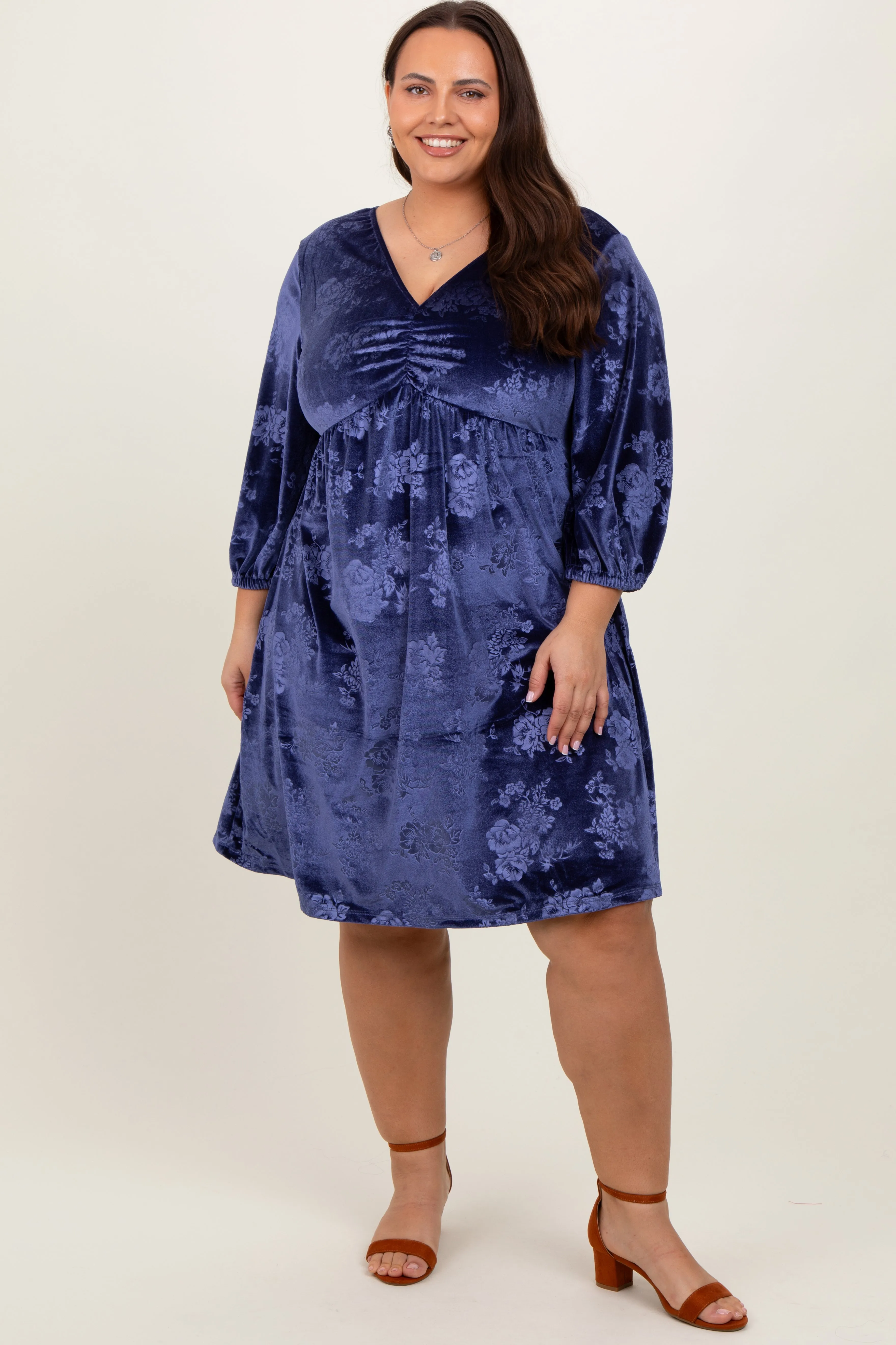 Navy Velvet Floral Ruched Neck Plus Dress sold by Pinkblush product image thumbnail 2