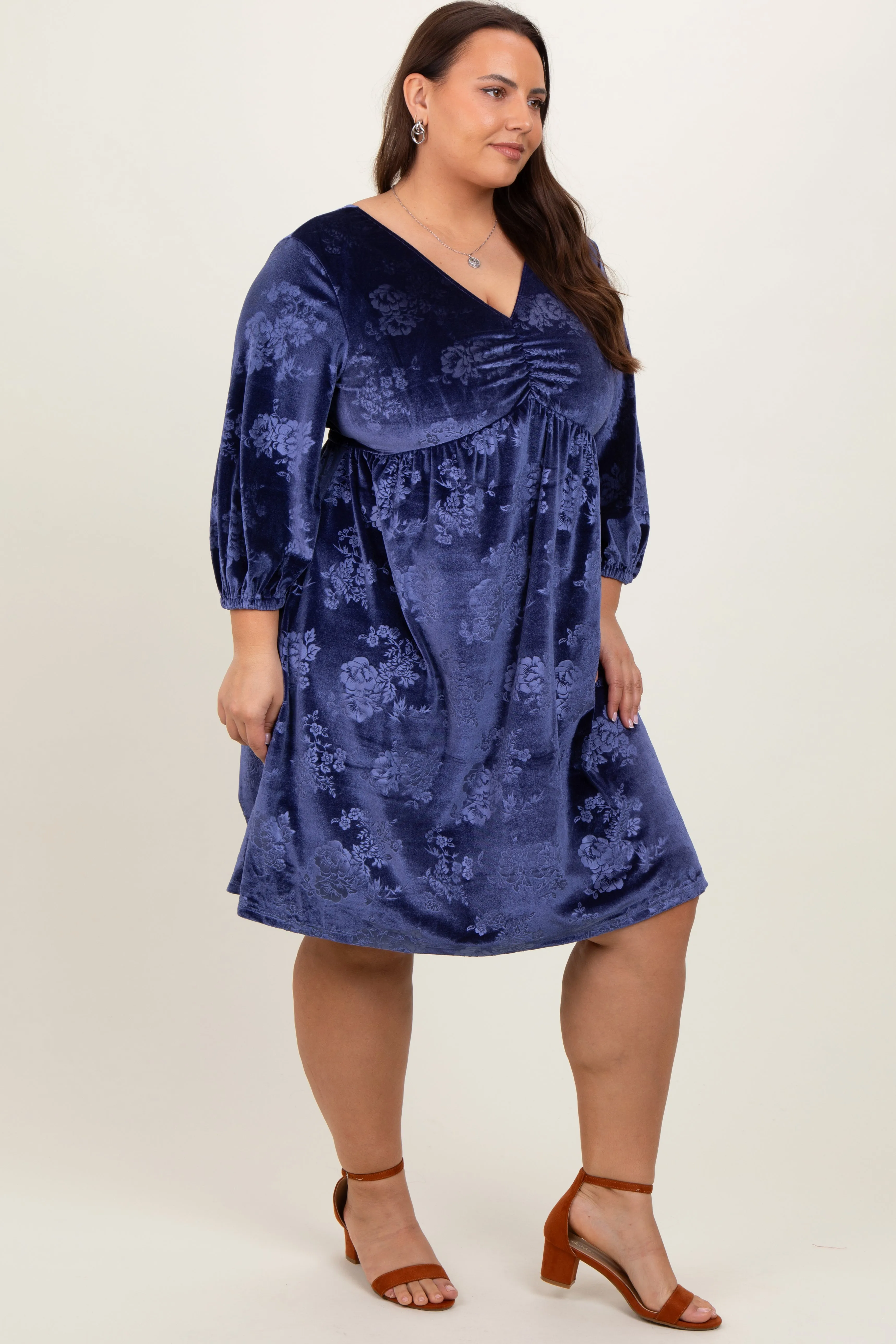 Navy Velvet Floral Ruched Neck Plus Dress sold by Pinkblush product image thumbnail 3
