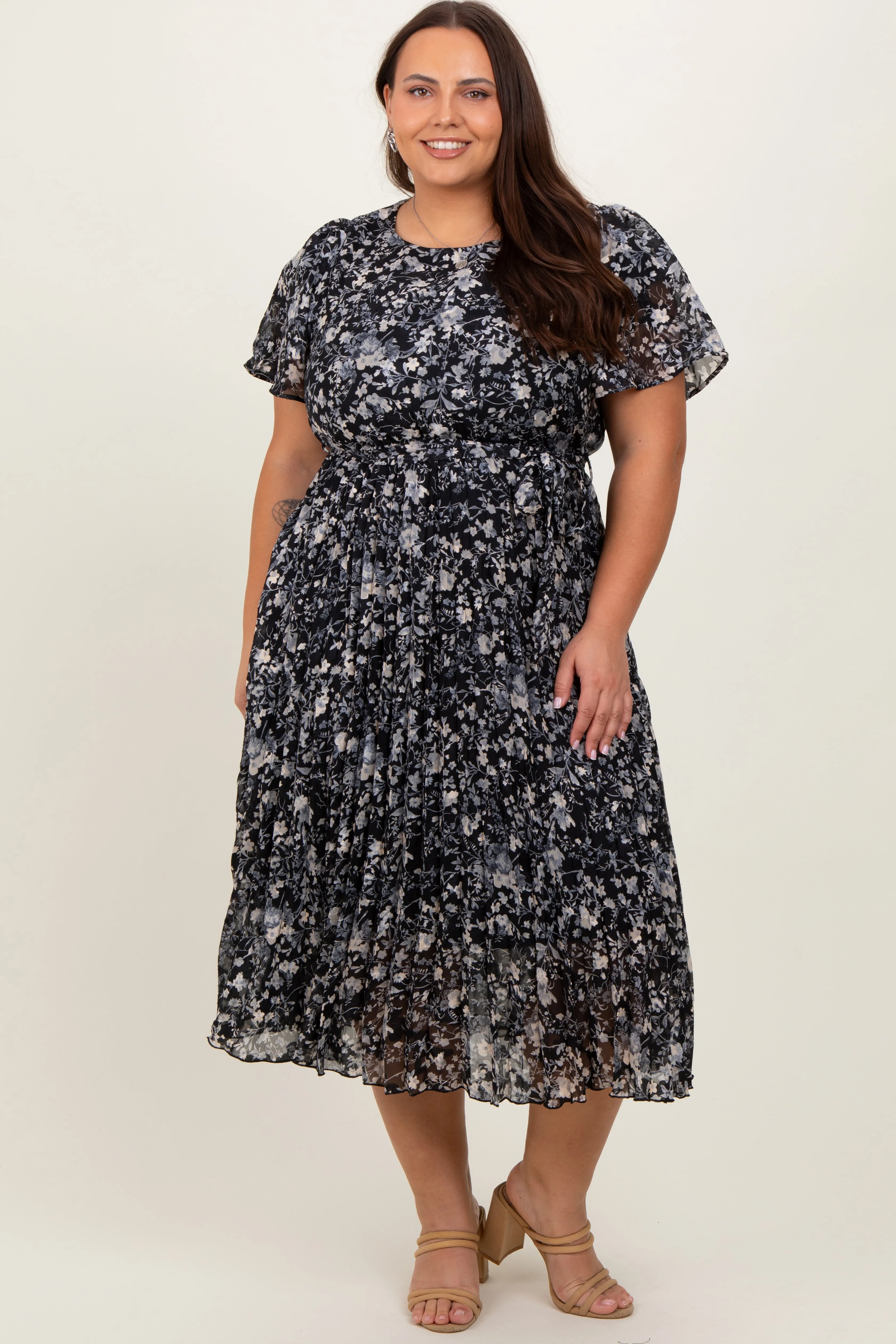 Black Floral Pleated Plus Midi Dress sold by Pinkblush product image thumbnail 2