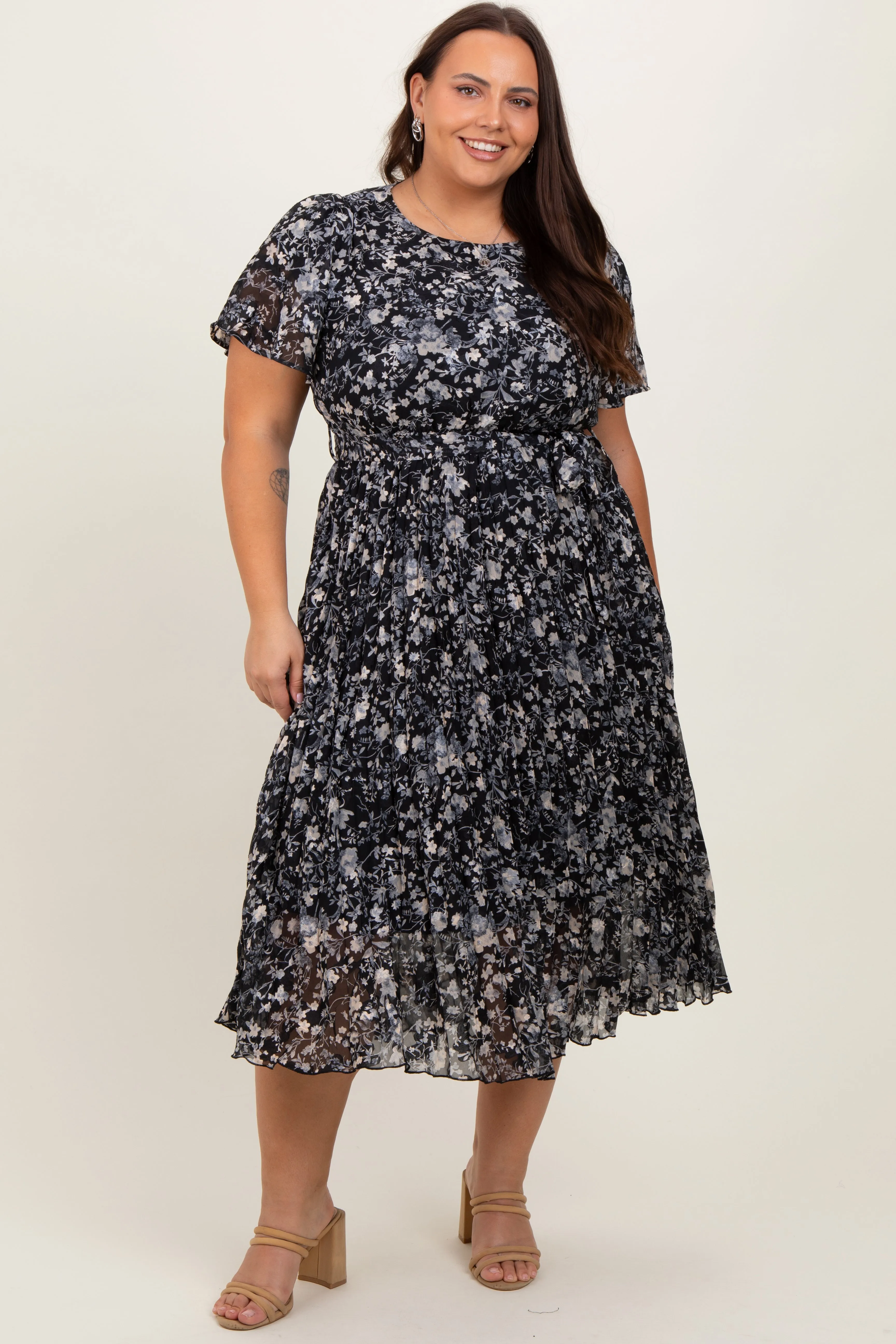 Black Floral Pleated Plus Midi Dress sold by Pinkblush