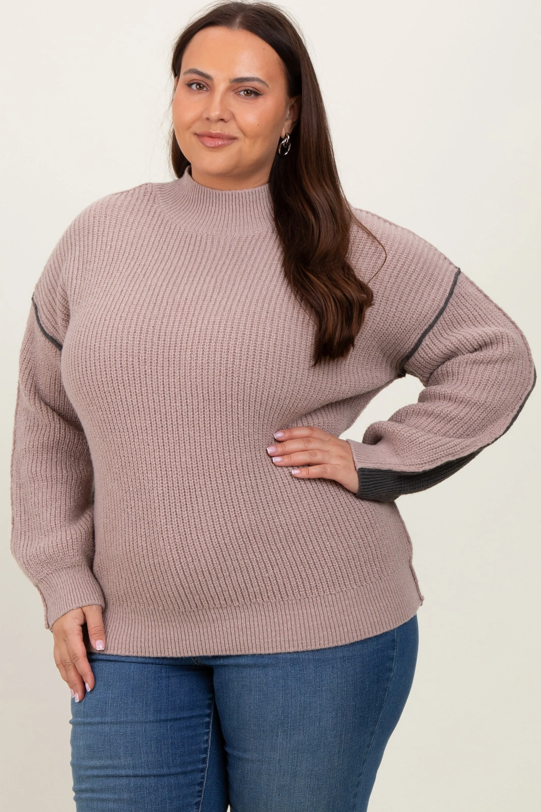 Mocha Mock Neck Colorblock Plus Sweater sold by Pinkblush
