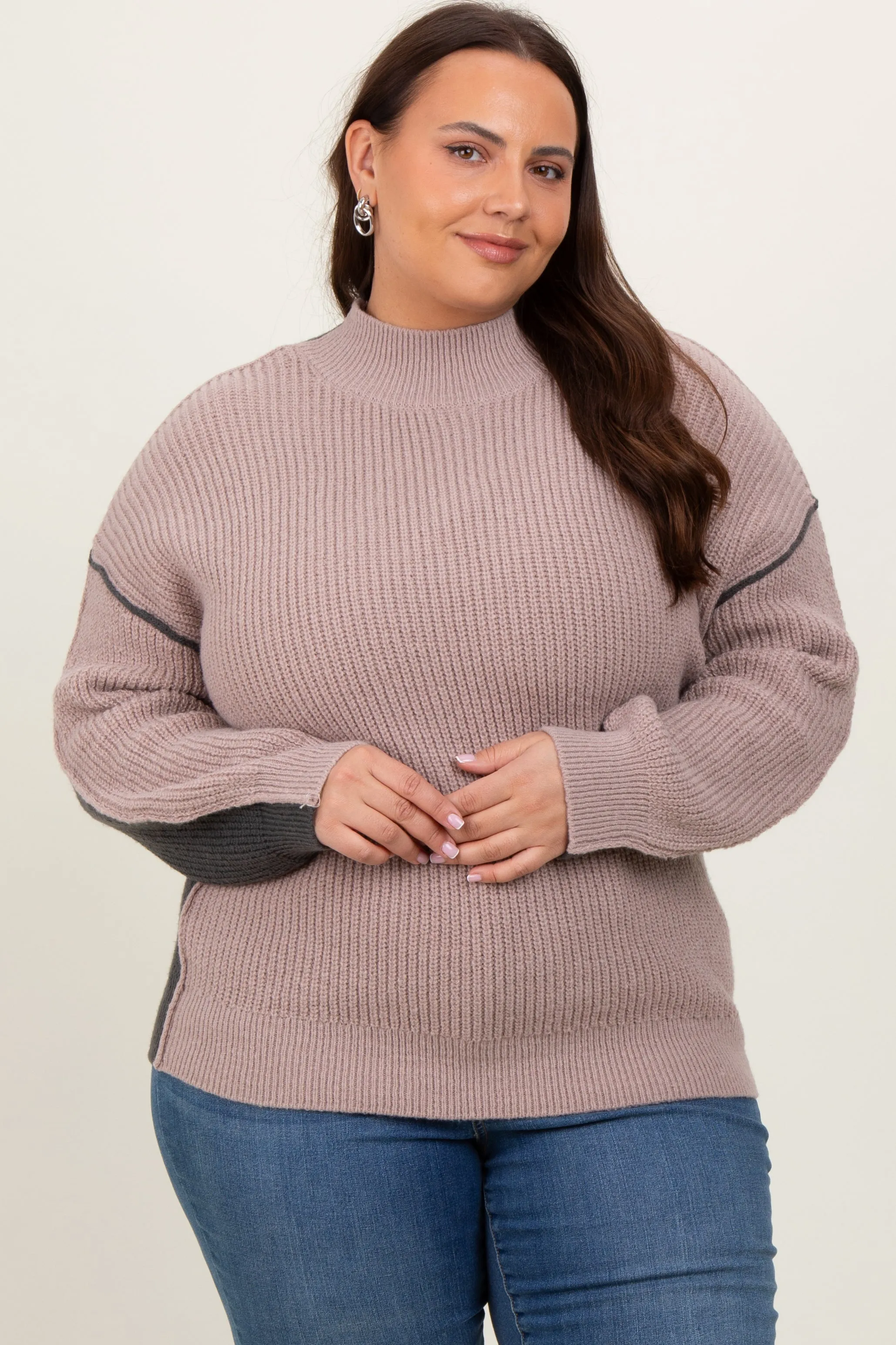 Mocha Mock Neck Colorblock Plus Sweater sold by Pinkblush product image thumbnail 2