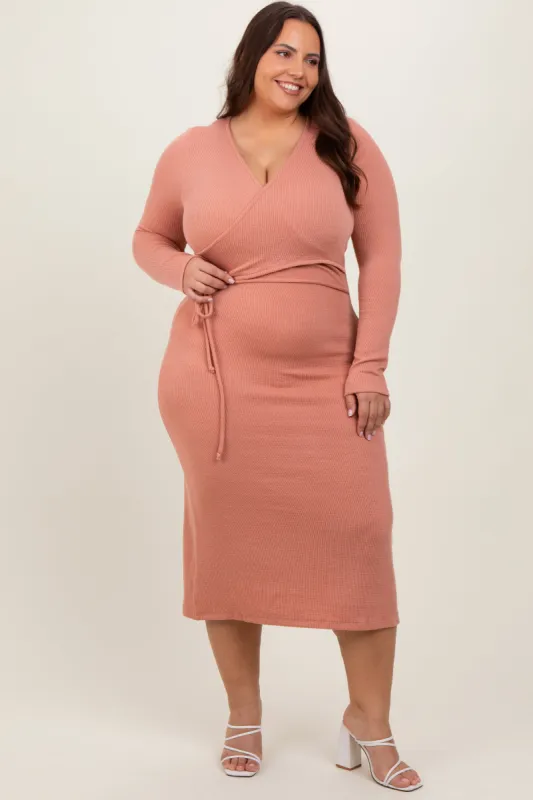 Rust Ribbed Long Sleeve Plus Wrap Nursing Dress sold by Pinkblush