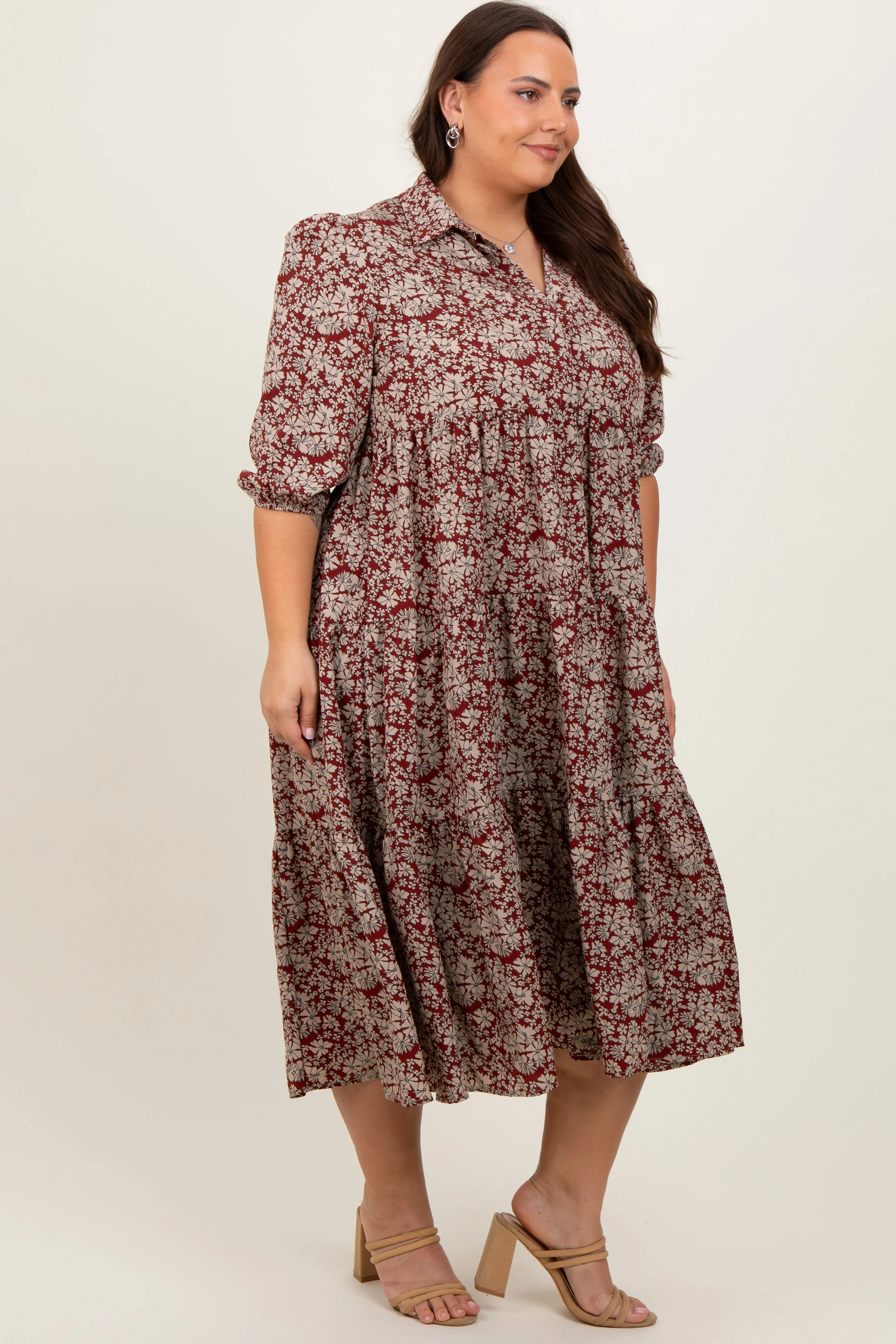 Burgundy Floral Collared Tiered Plus Maxi Dress sold by Pinkblush product image thumbnail 3