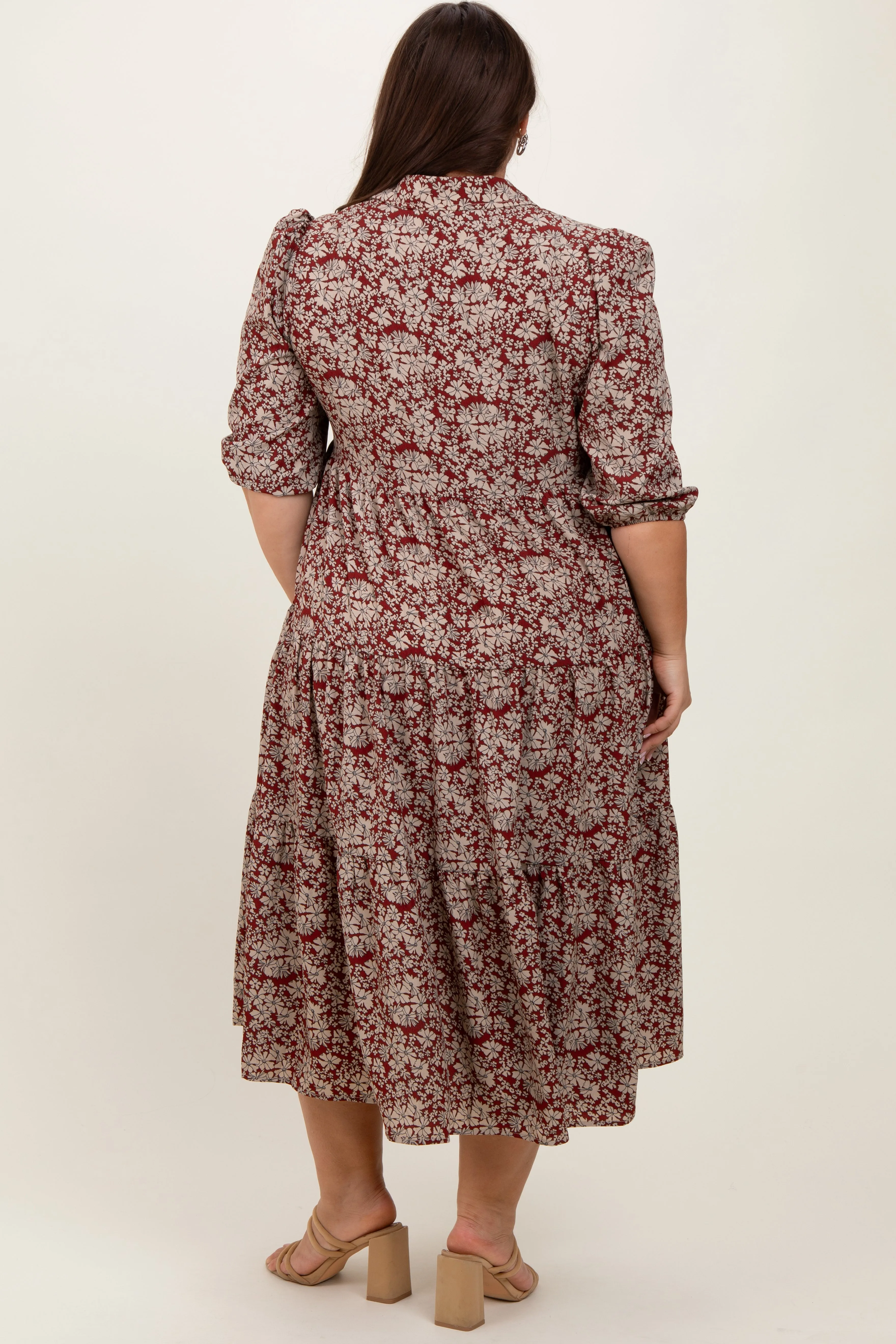 Burgundy Floral Collared Tiered Plus Maxi Dress sold by Pinkblush product image thumbnail 4