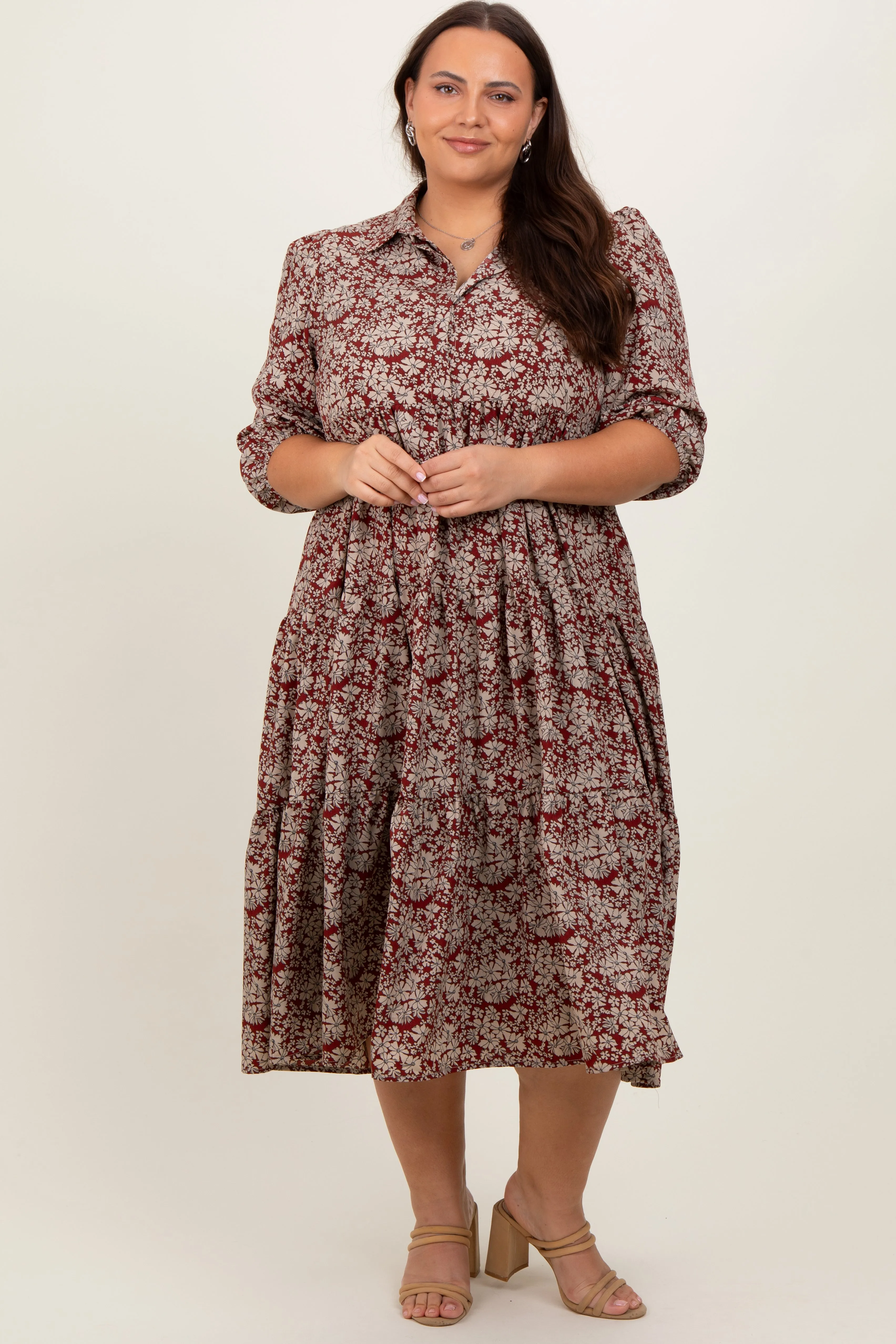 Burgundy Floral Collared Tiered Plus Maxi Dress sold by Pinkblush product image thumbnail 2