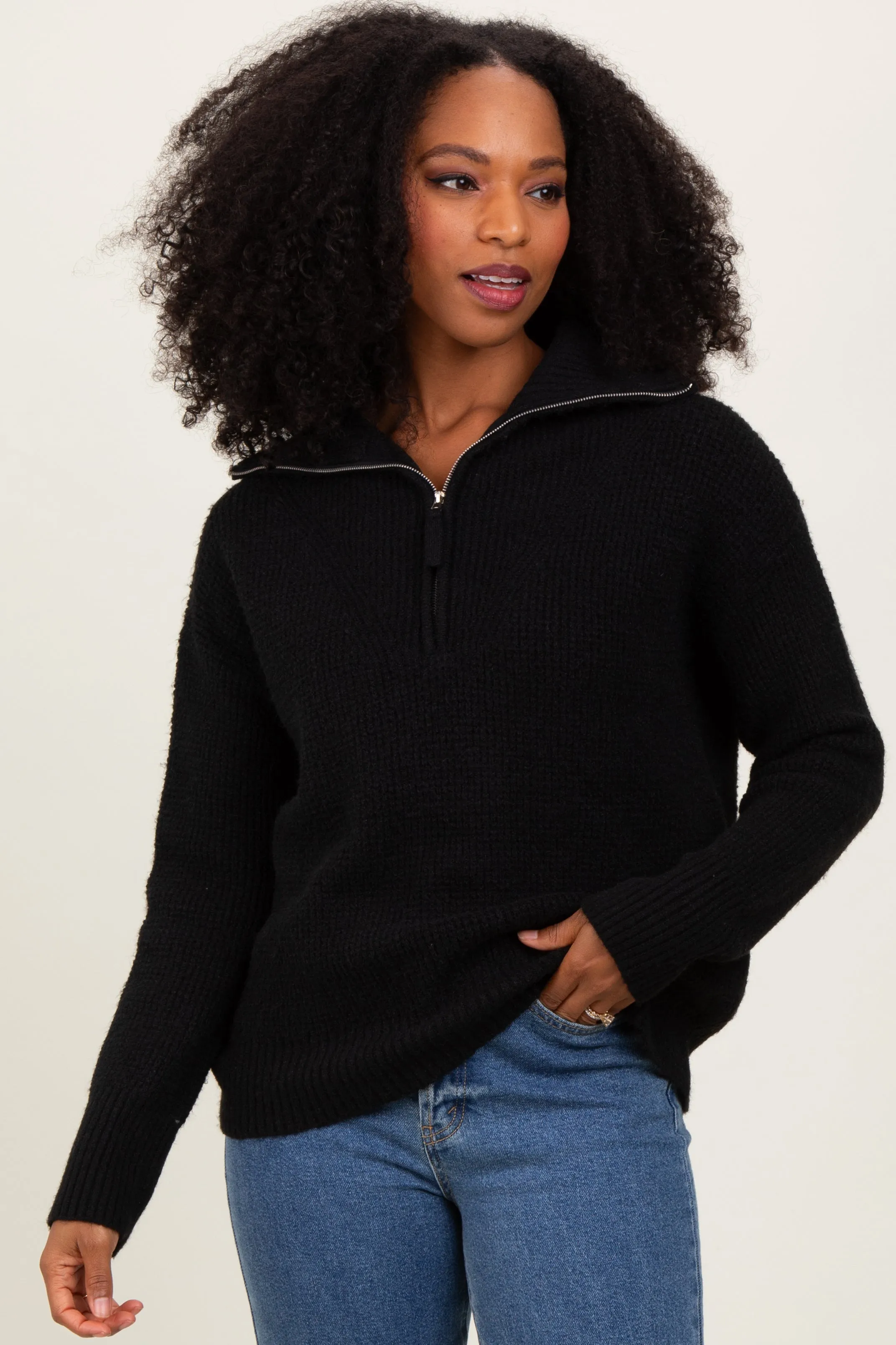 Black Half Zip Pullover Sweater sold by Pinkblush