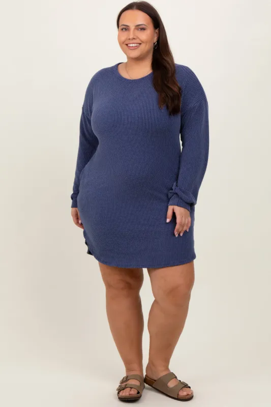 Navy Rib Knit Long Sleeve Plus Dress sold by Pinkblush