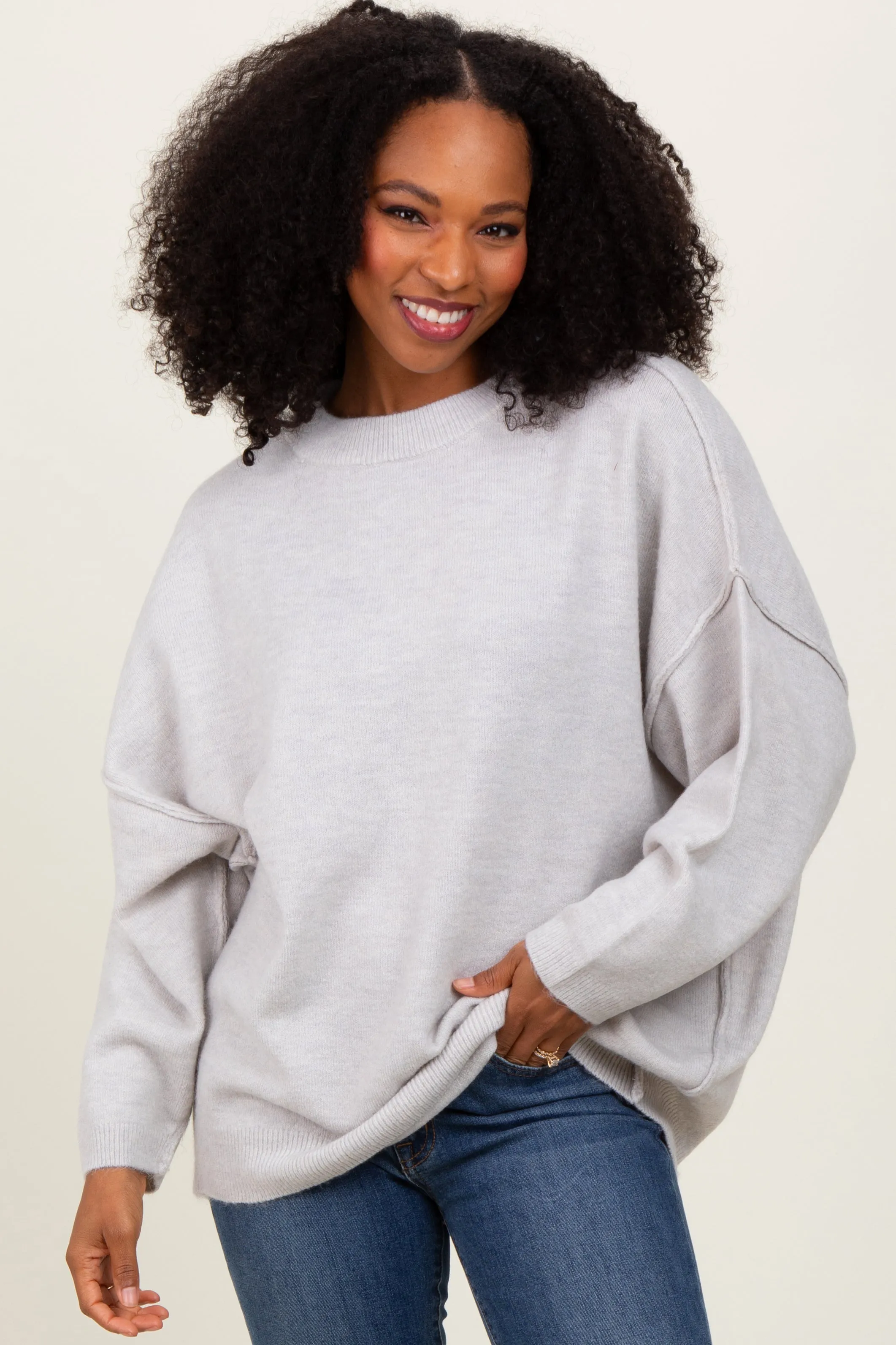 Light Grey Oversized Crewneck Melange Knit Sweater sold by Pinkblush product image thumbnail 2