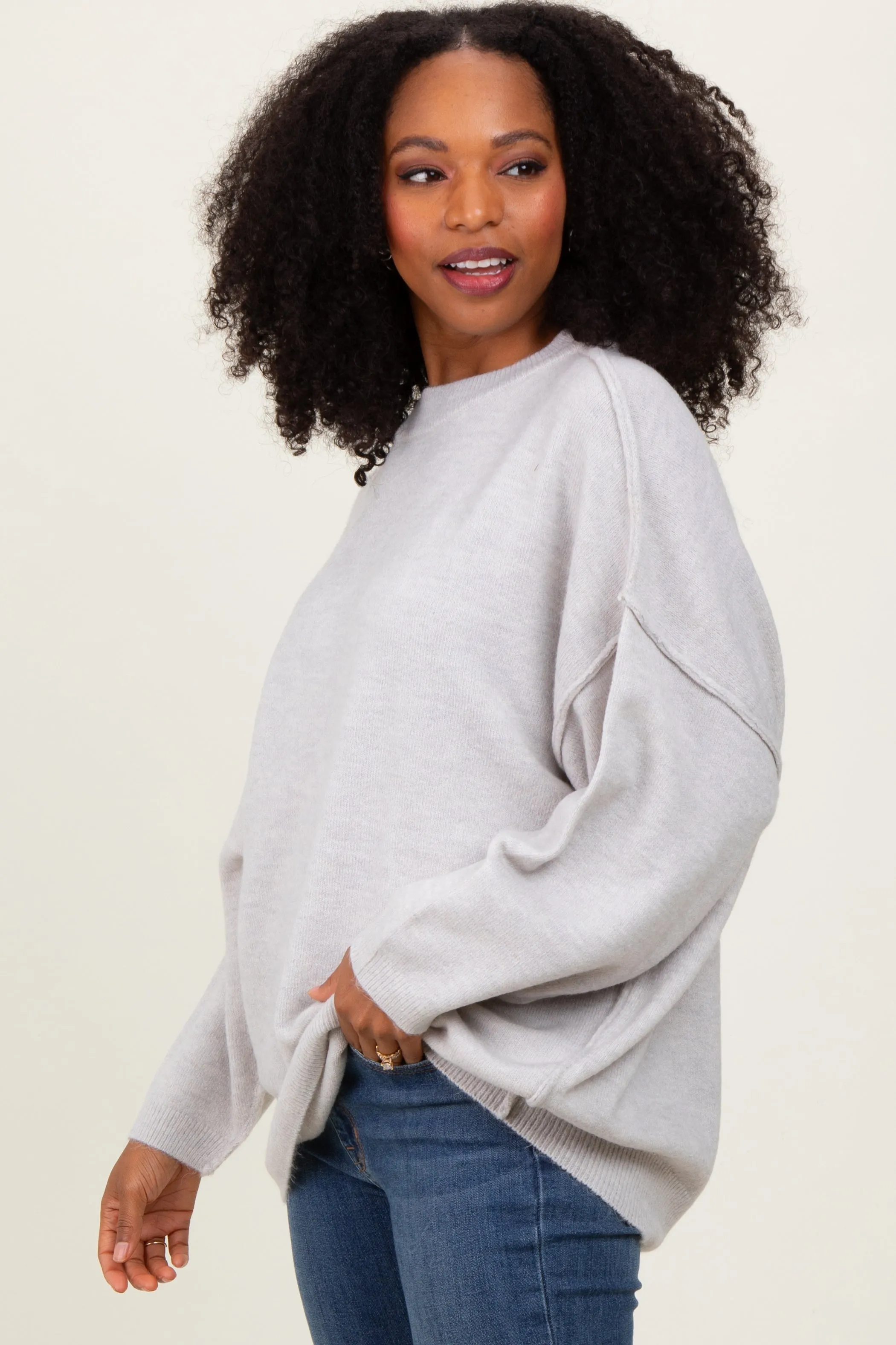 Light Grey Oversized Crewneck Melange Knit Sweater sold by Pinkblush product image thumbnail 3