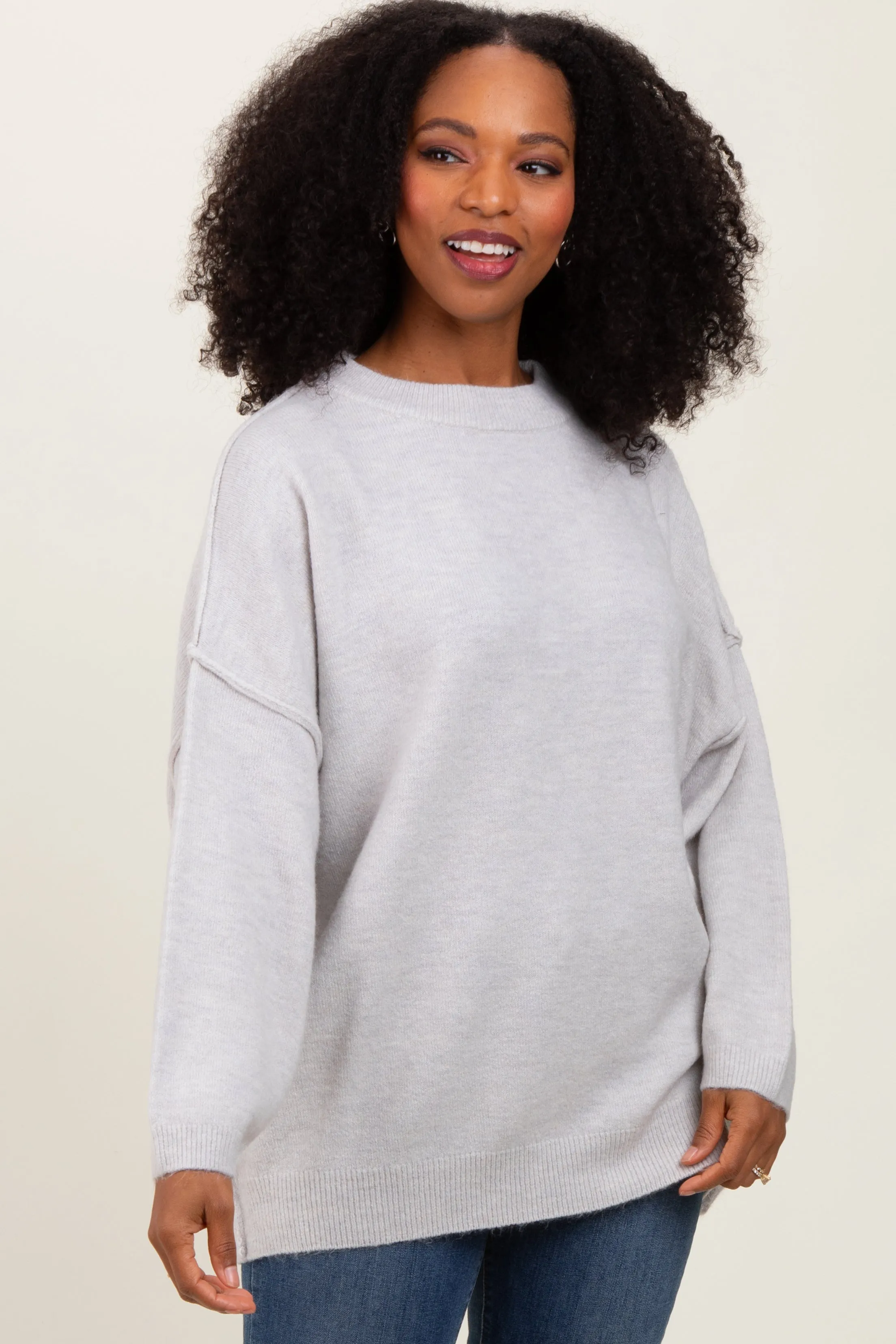 Light Grey Oversized Crewneck Melange Knit Sweater sold by Pinkblush