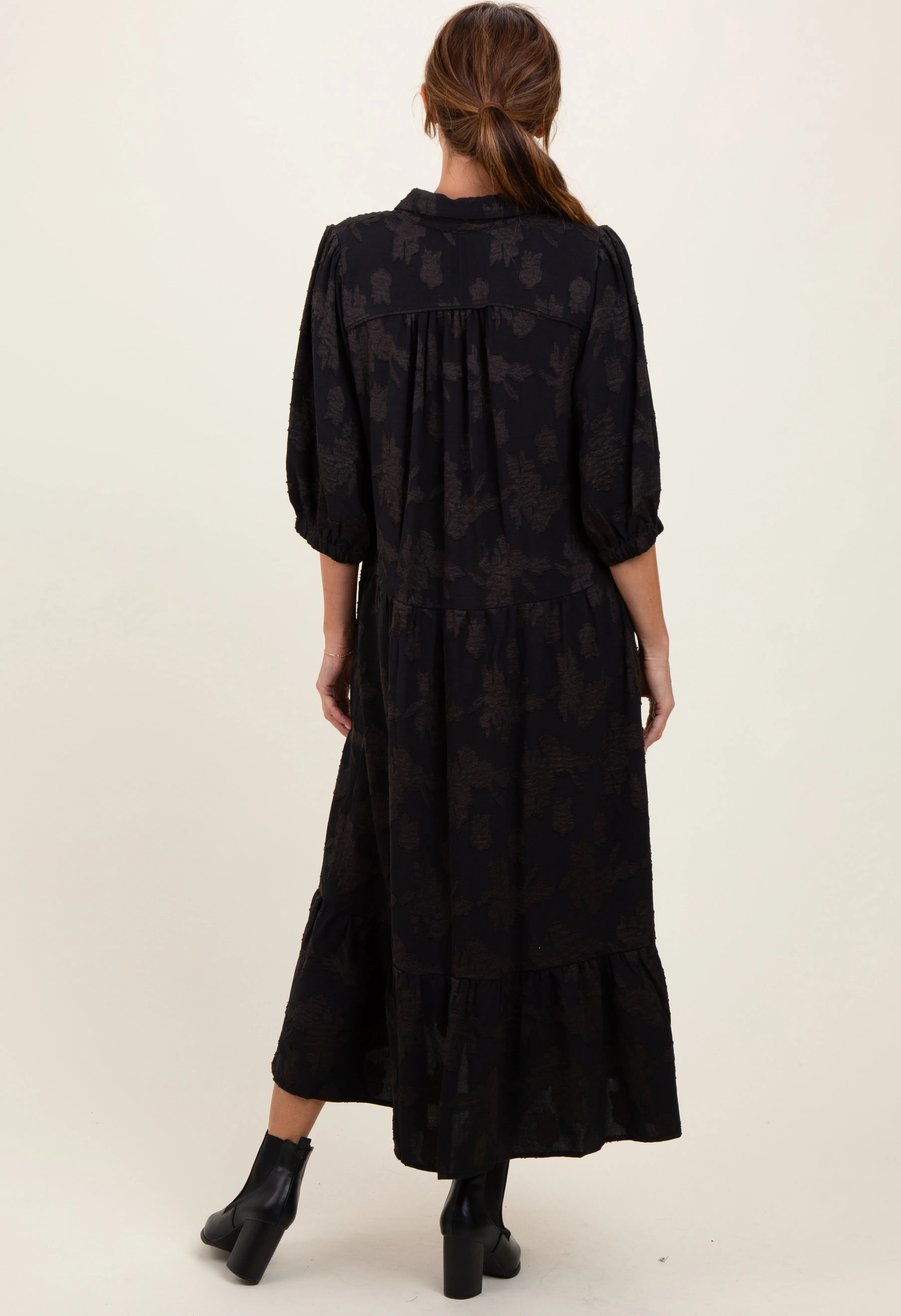 Black Floral Applique Collared Midi Dress sold by Pinkblush product image thumbnail 4