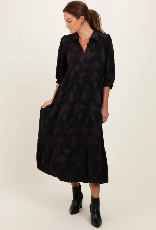Black Floral Applique Collared Midi Dress sold by Pinkblush