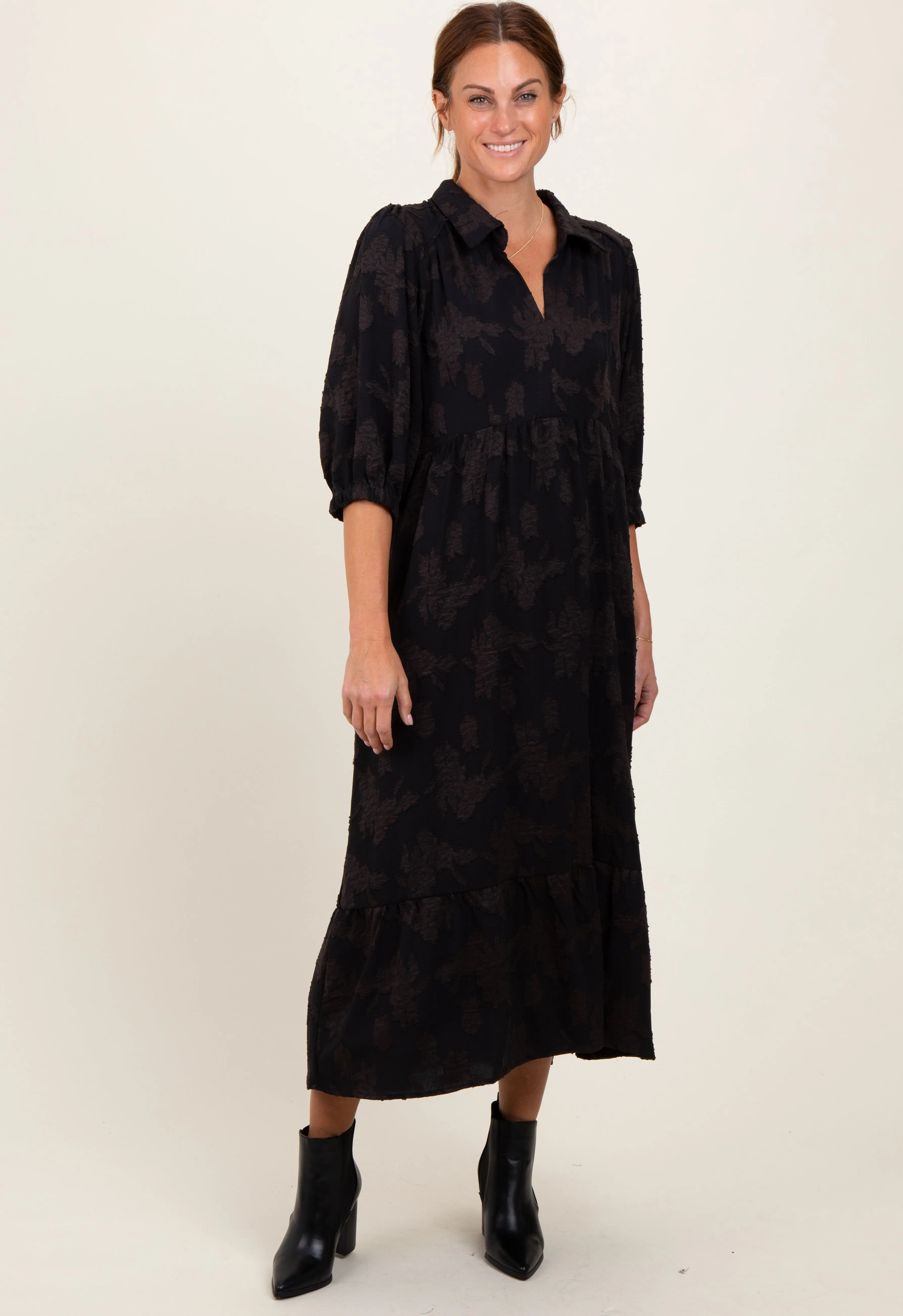 Black Floral Applique Collared Midi Dress sold by Pinkblush product image thumbnail 2