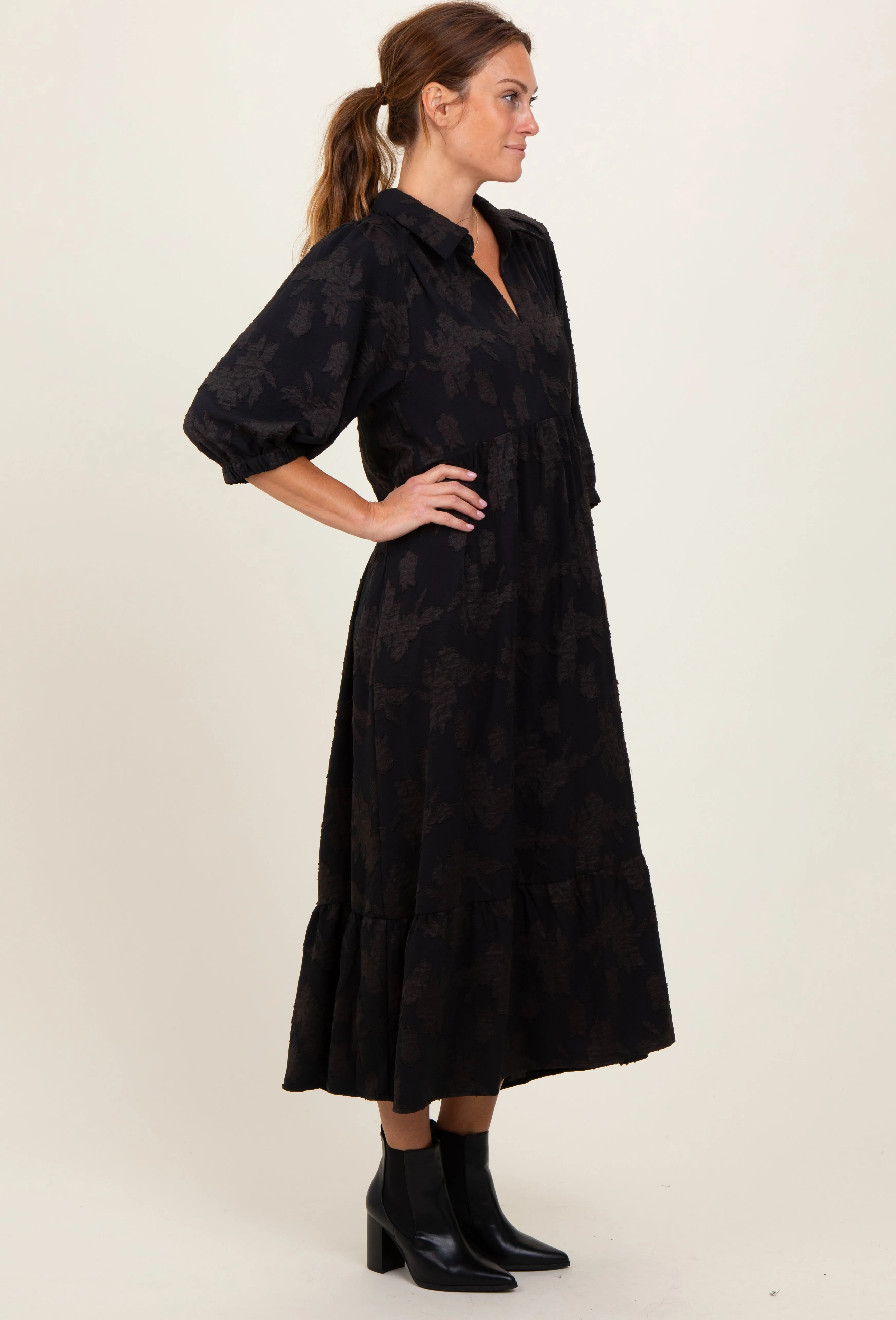 Black Floral Applique Collared Midi Dress sold by Pinkblush product image thumbnail 3