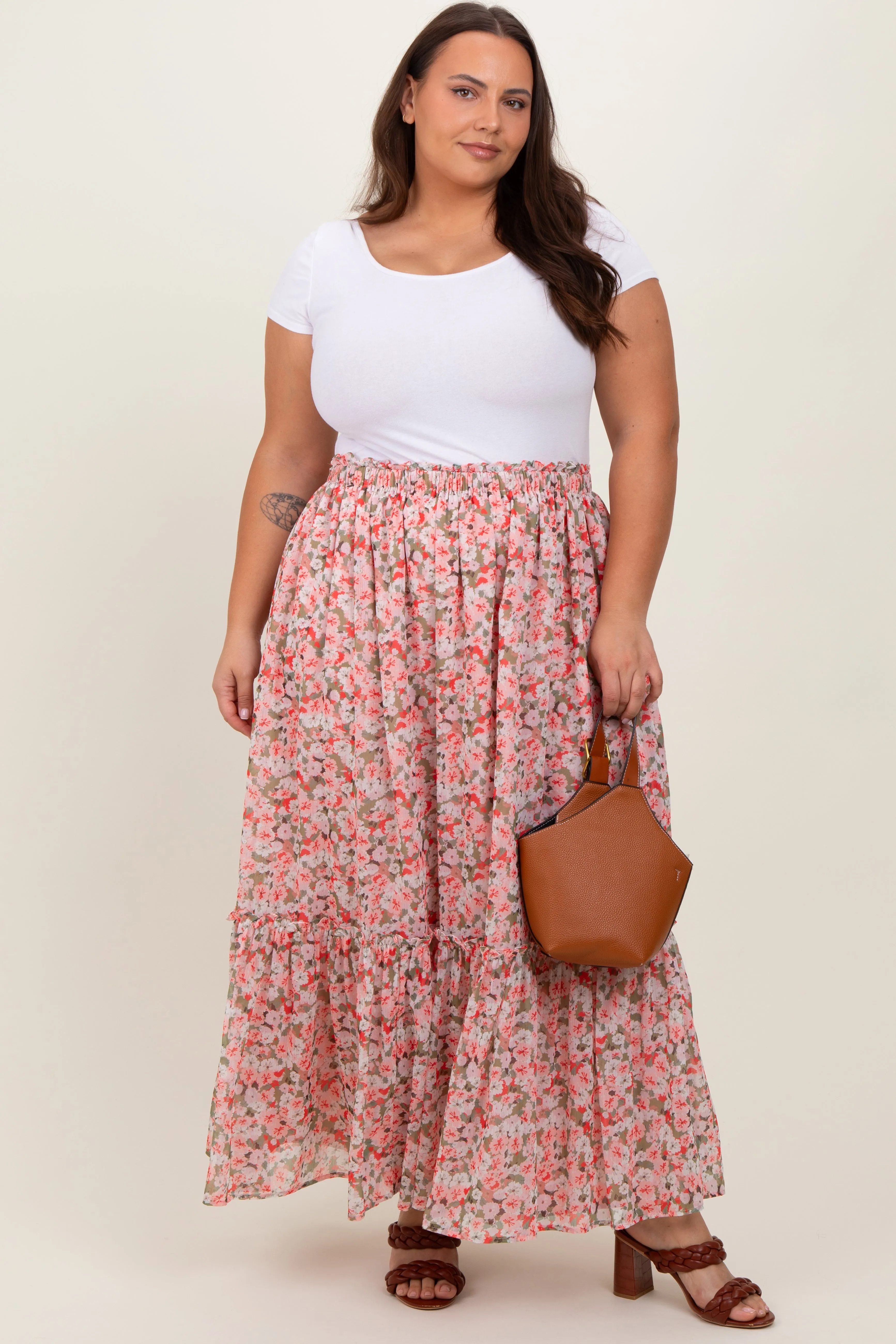 Pink Smocked Waist Tiered Plus Maxi Skirt sold by Pinkblush