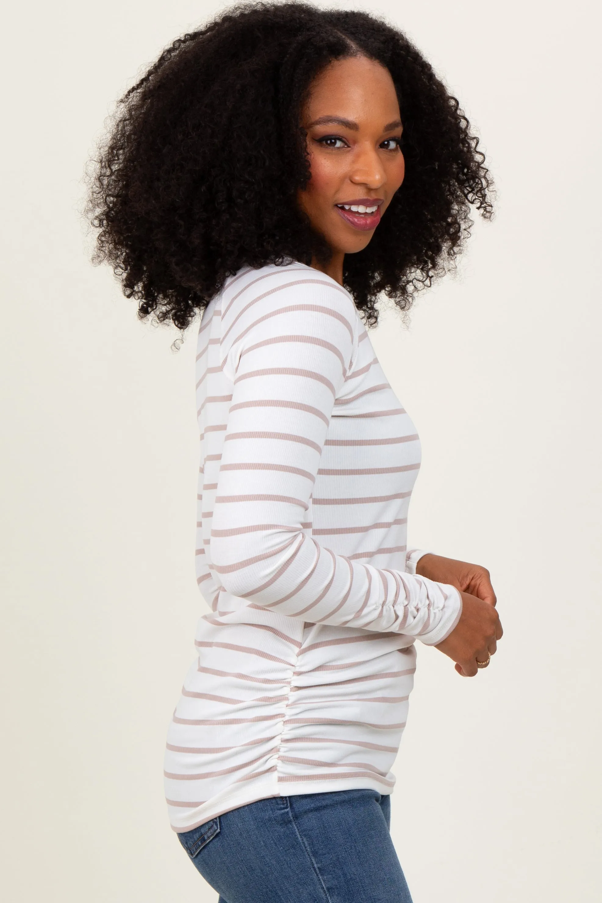 White Striped Ruched Side Long Sleeve Top sold by Pinkblush product image thumbnail 2