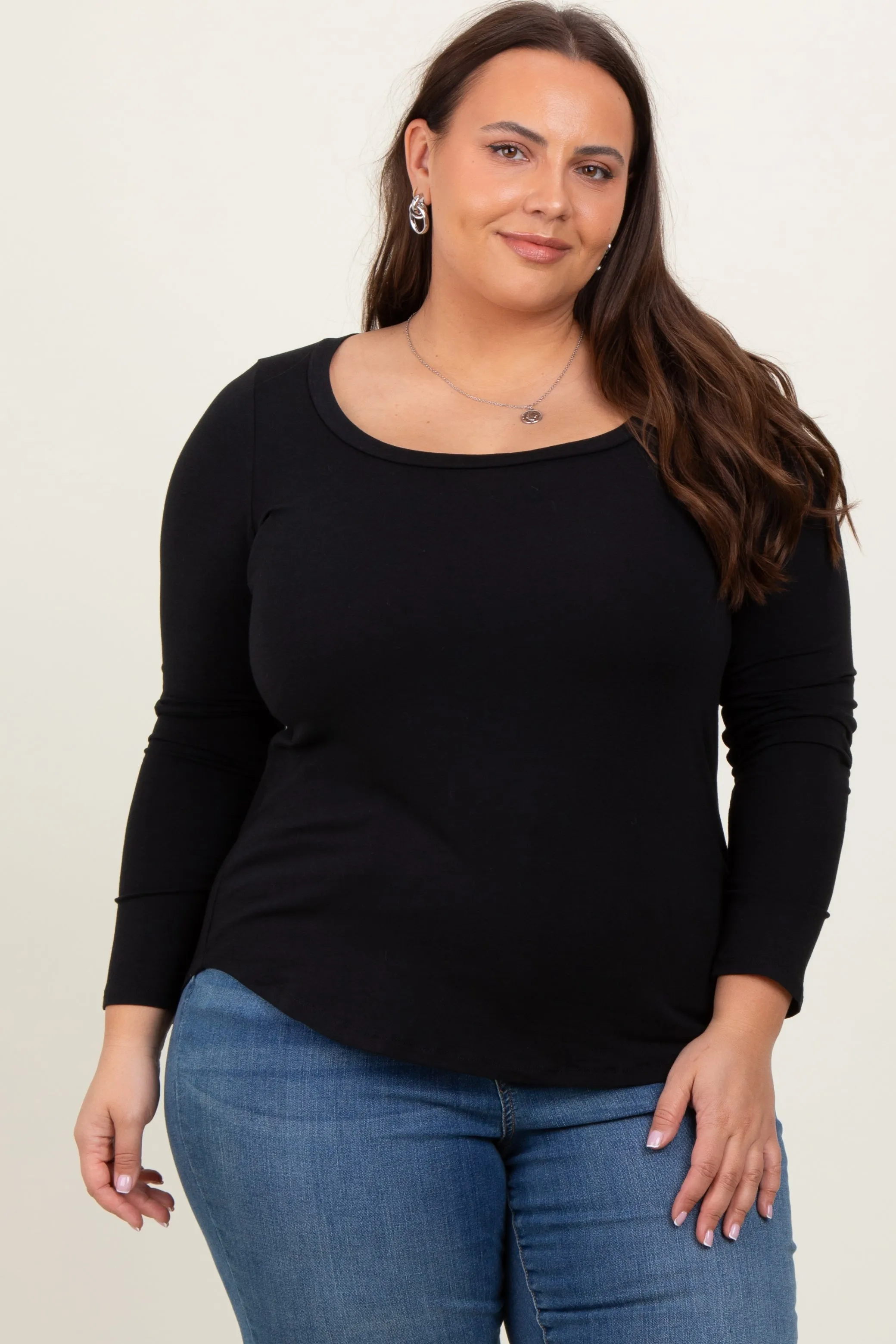 Black Basic Long Sleeve Plus Top sold by Pinkblush