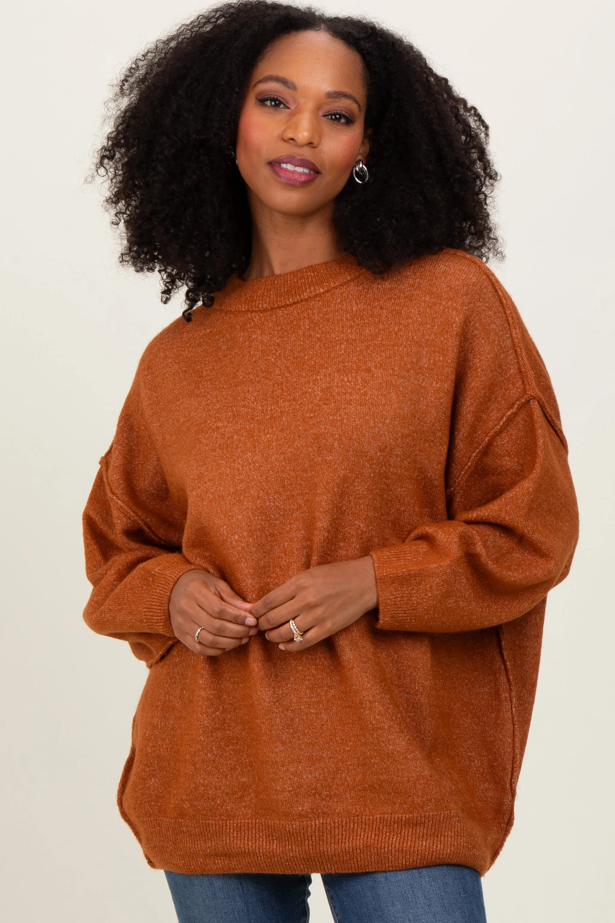 Camel Oversized Crewneck Melange Knit Sweater sold by Pinkblush