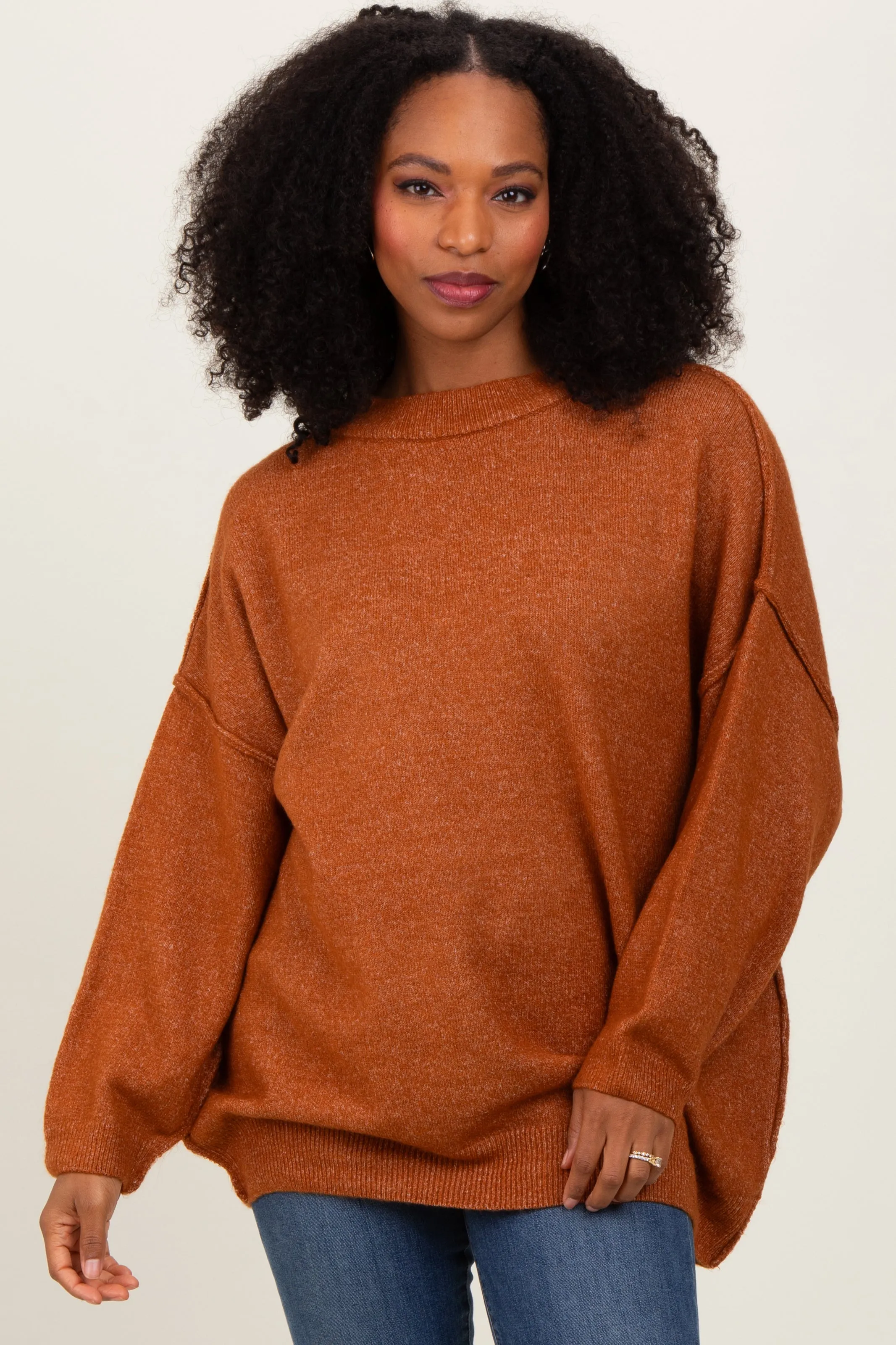 Camel Oversized Crewneck Melange Knit Sweater sold by Pinkblush product image thumbnail 2