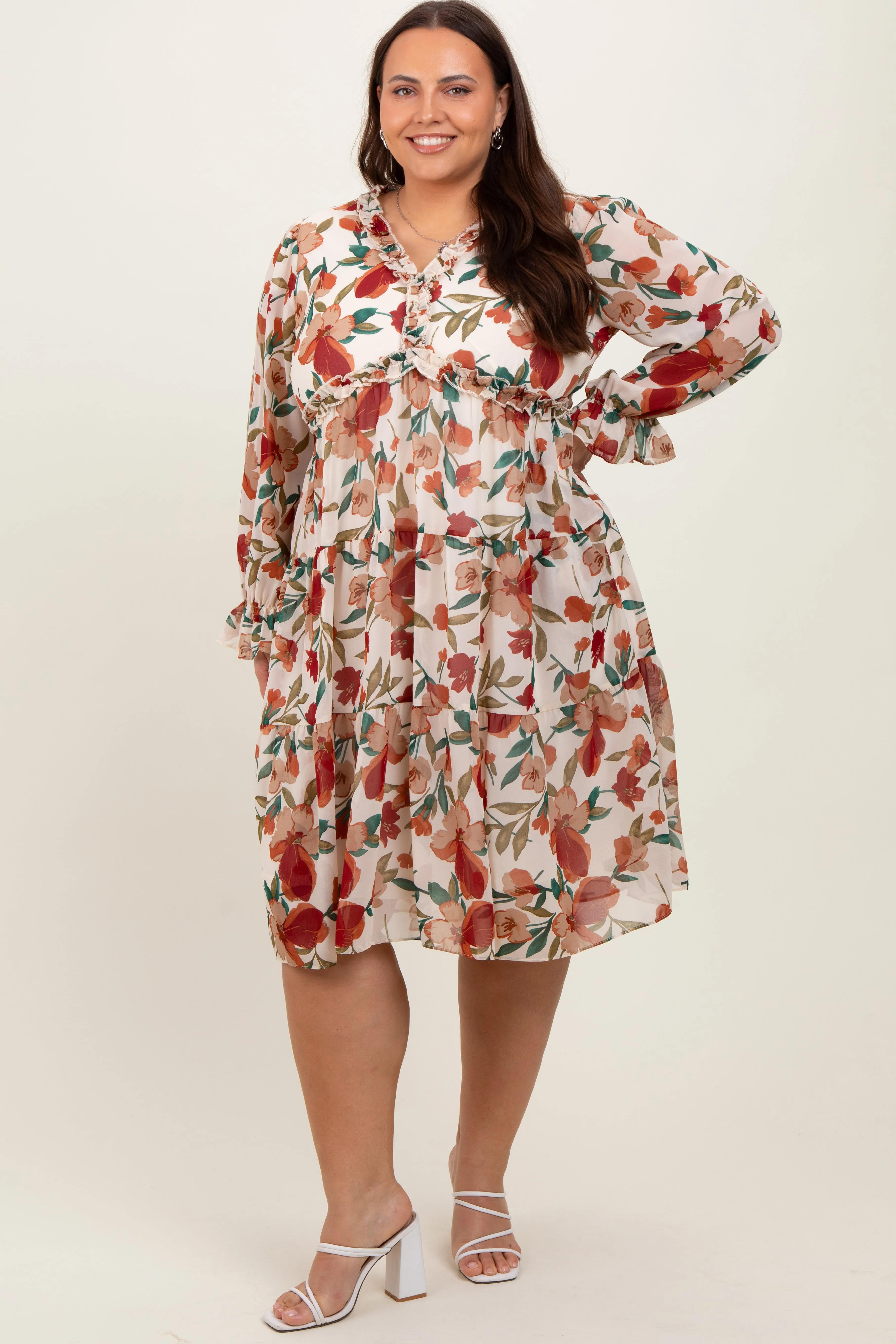 Ivory Floral Ruffle V-Neck Plus Dress sold by Pinkblush