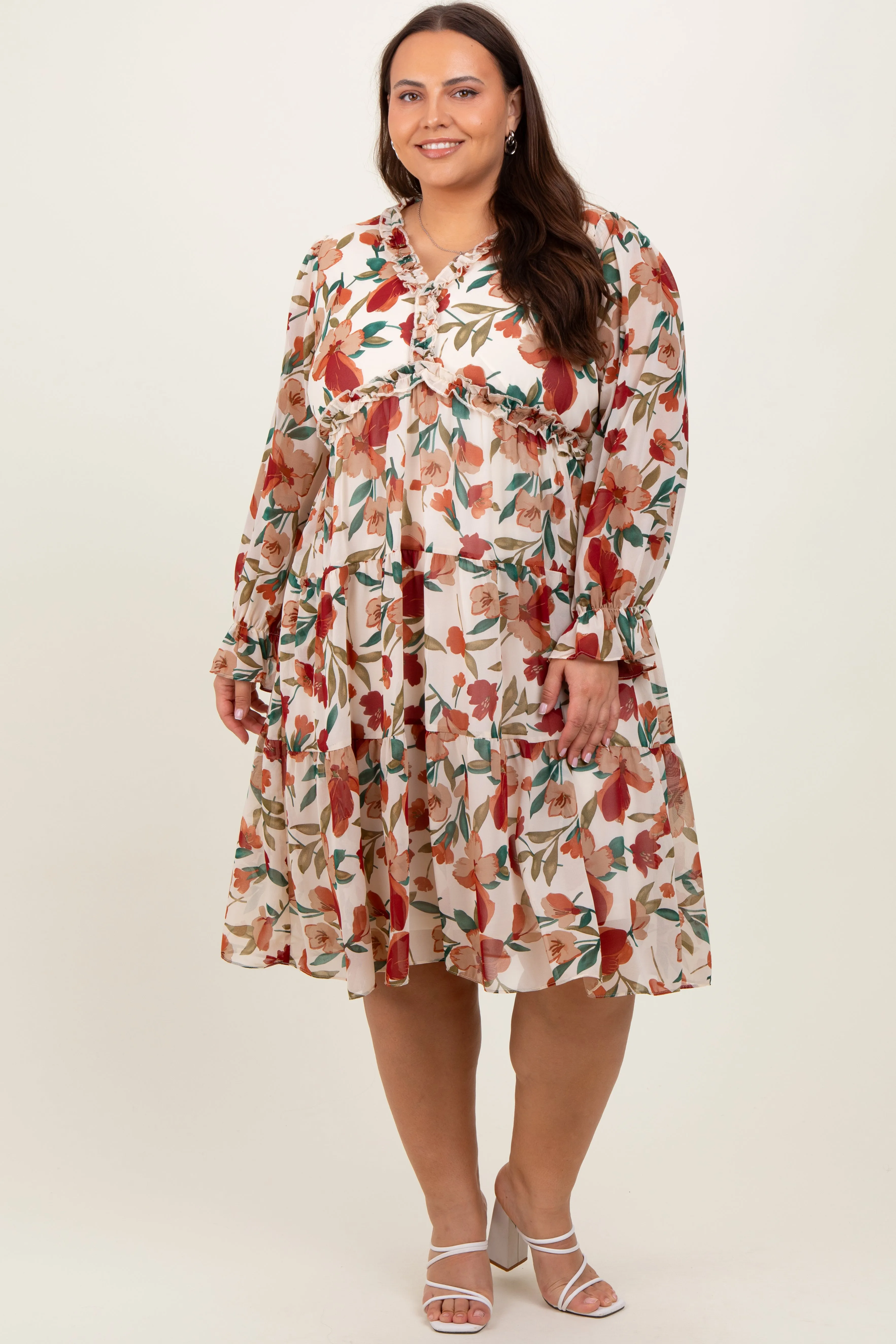 Ivory Floral Ruffle V-Neck Plus Dress sold by Pinkblush product image thumbnail 2
