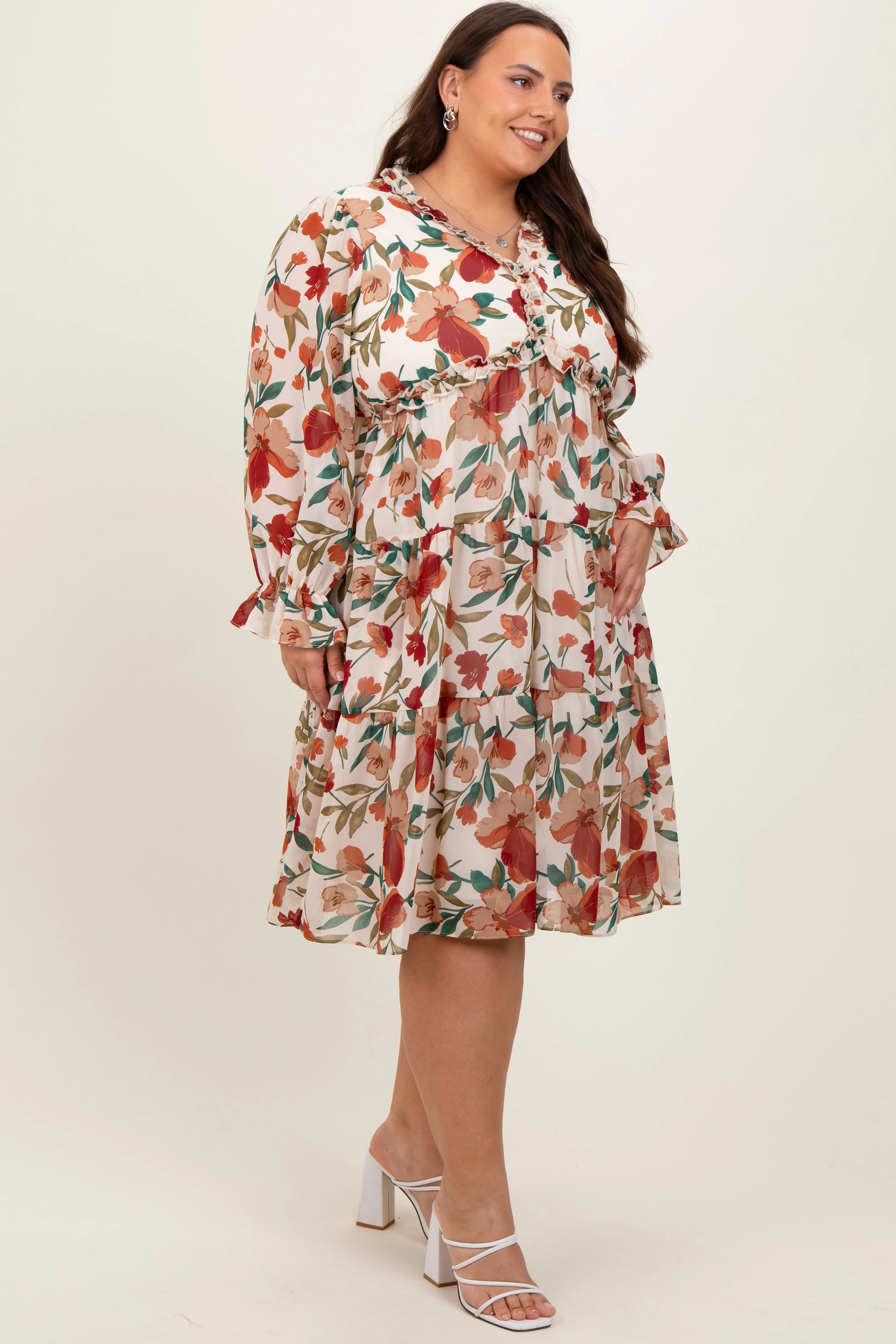 Ivory Floral Ruffle V-Neck Plus Dress sold by Pinkblush product image thumbnail 3