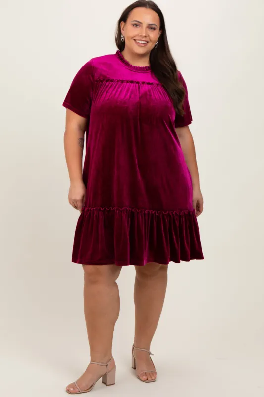 Burgundy Ruffle Accent Velvet Plus Dress sold by Pinkblush
