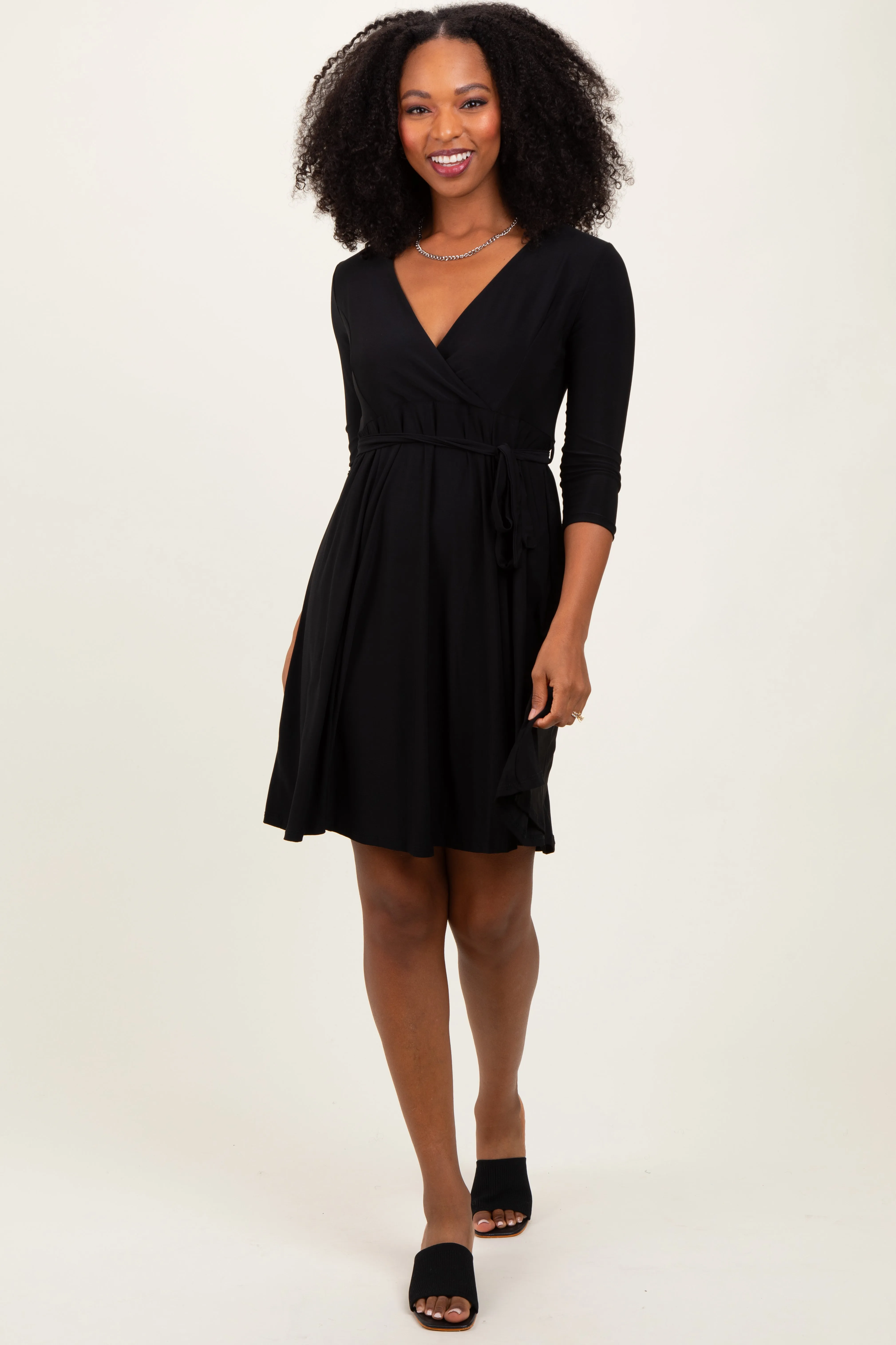 Black 3/4 Sleeve Nursing Sash Tie Wrap Dress sold by Pinkblush product image thumbnail 2