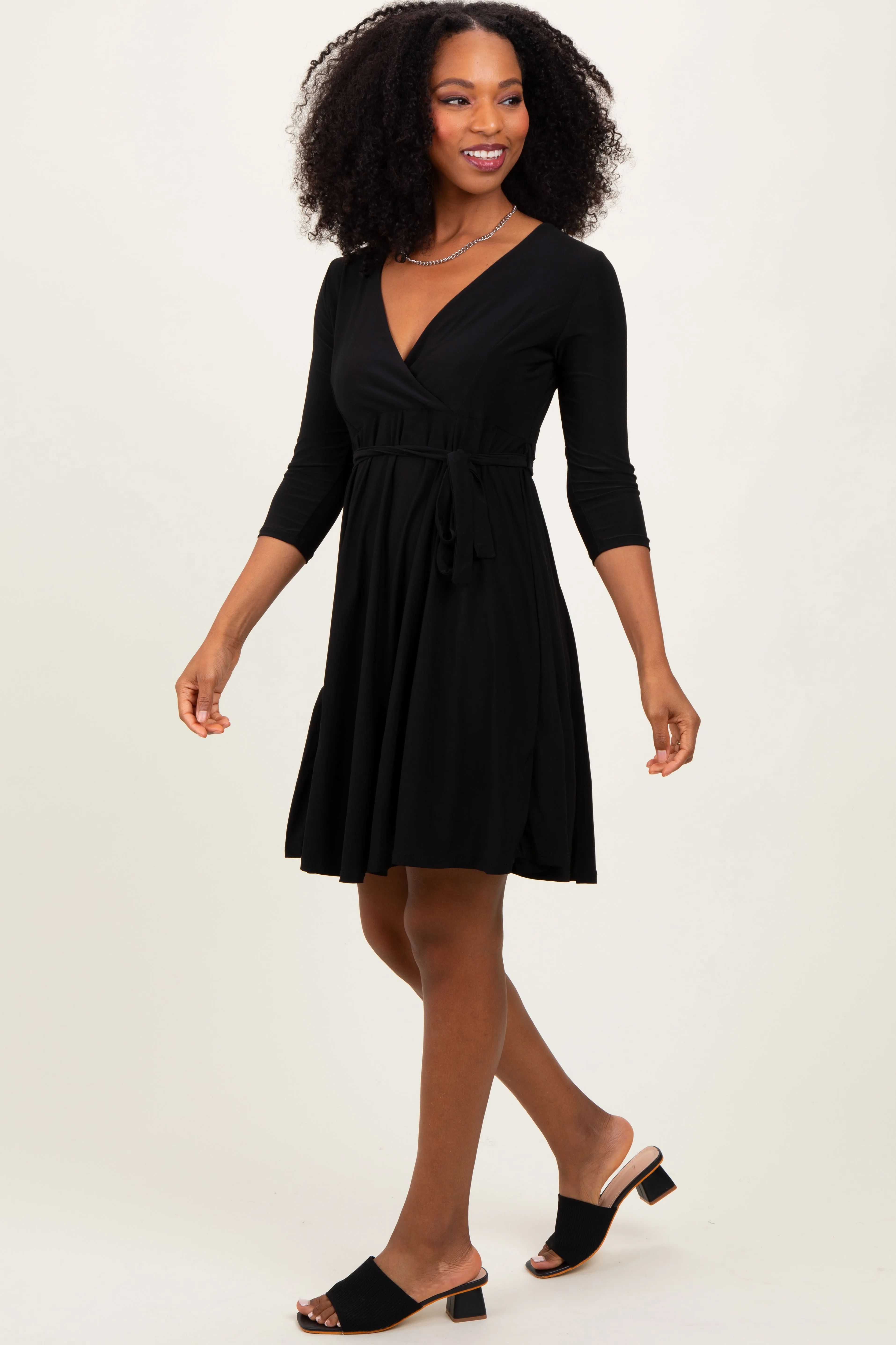 Black 3/4 Sleeve Nursing Sash Tie Wrap Dress sold by Pinkblush product image thumbnail 3