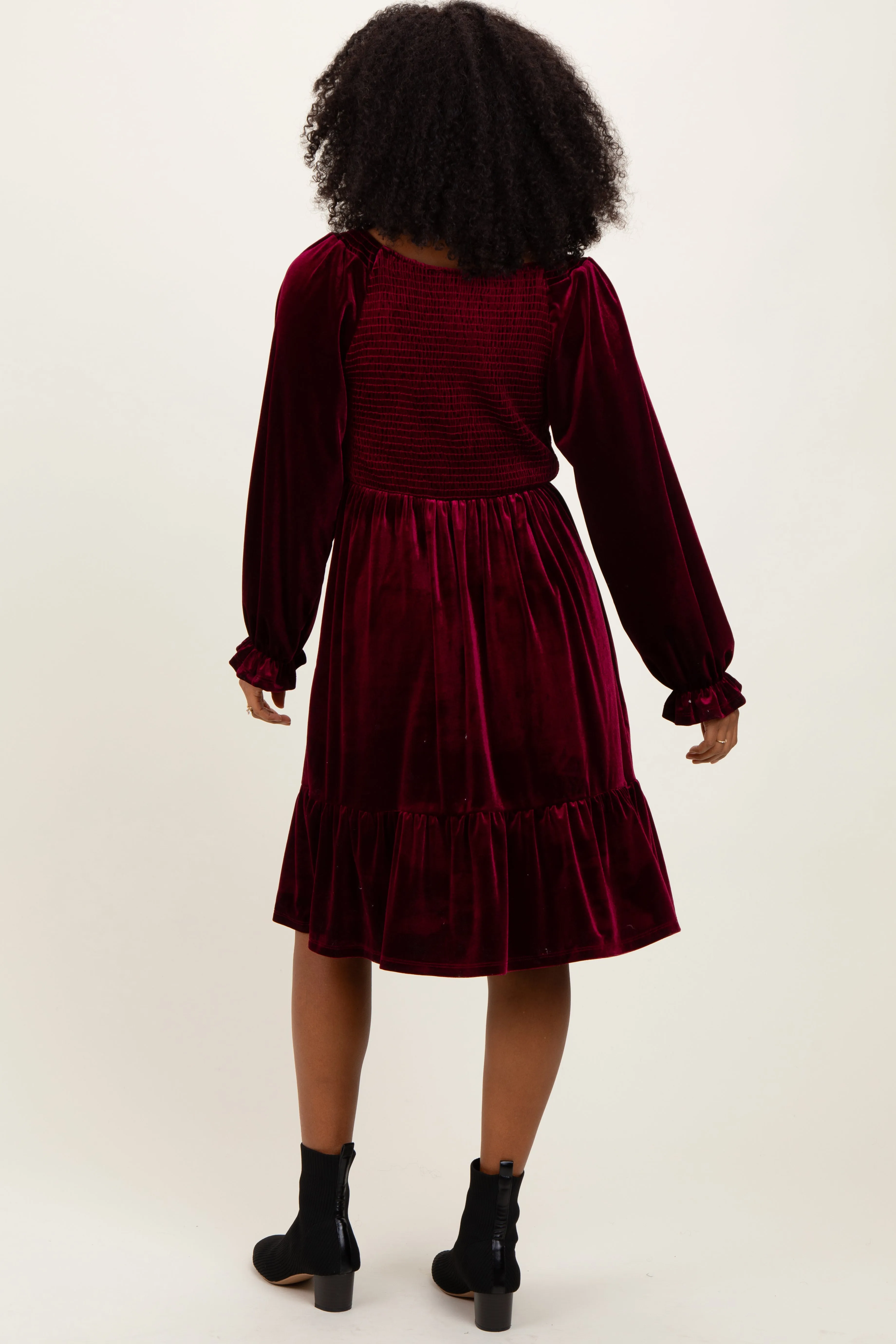 Burgundy Velvet Smocked Long Sleeve Dress sold by Pinkblush product image thumbnail 3