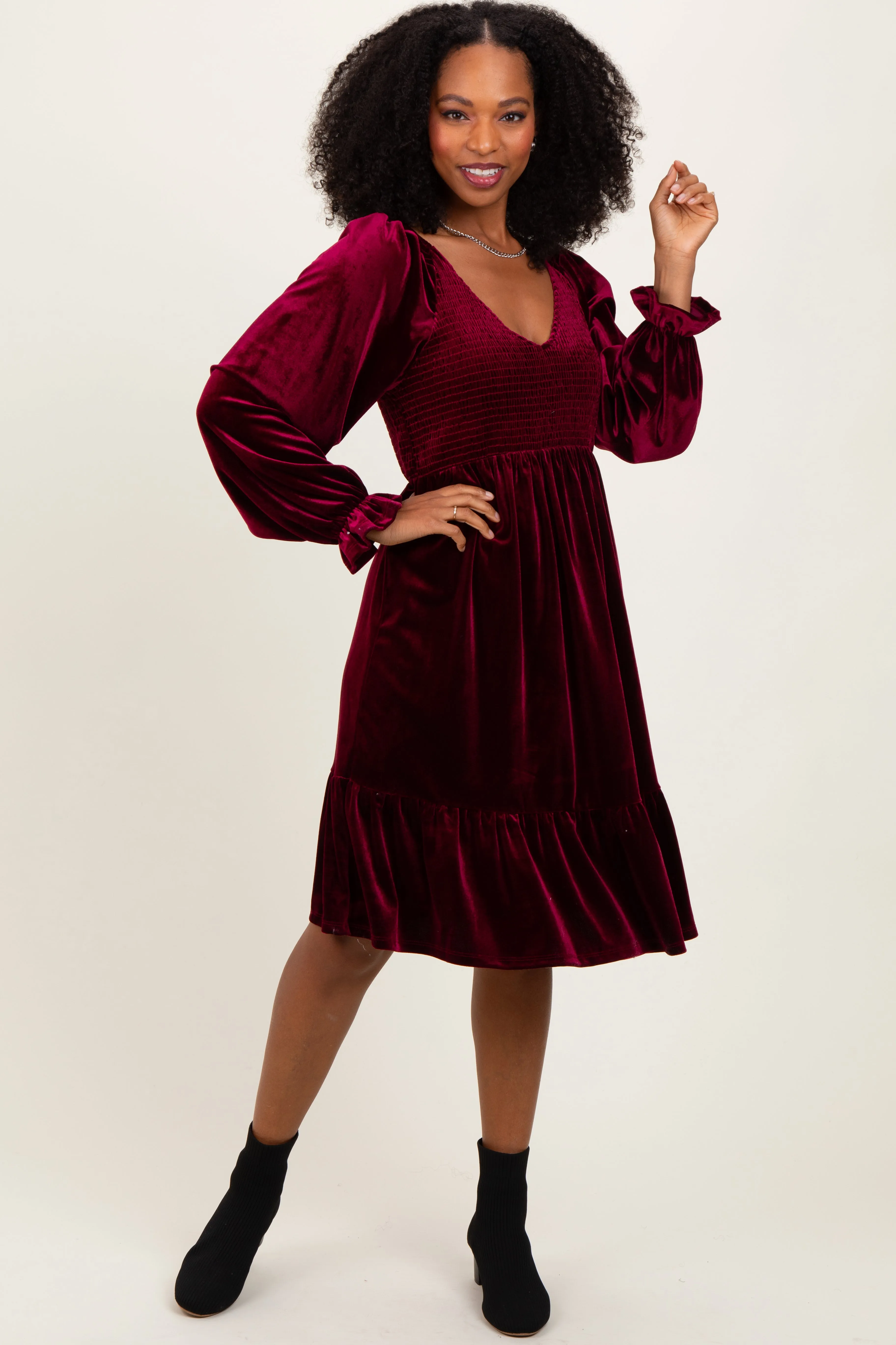 Burgundy Velvet Smocked Long Sleeve Dress sold by Pinkblush