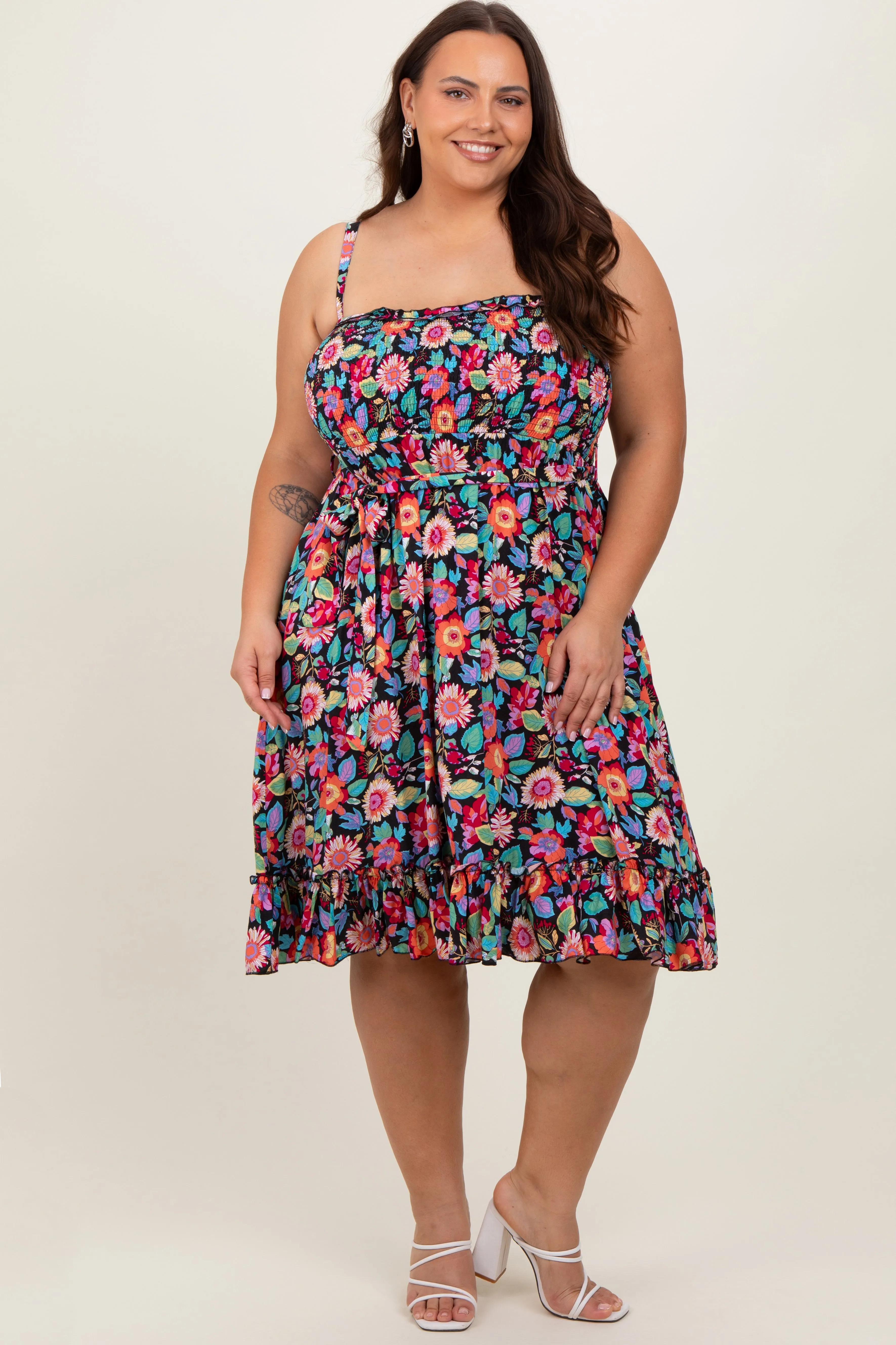 Black Floral Sleeveless Ruffled Plus Dress sold by Pinkblush