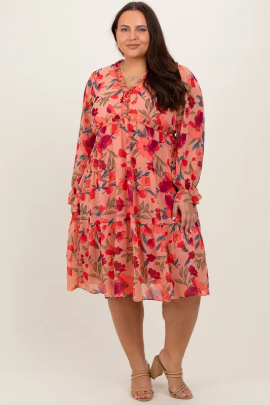 Mauve Floral Ruffle V-Neck Plus Dress sold by Pinkblush