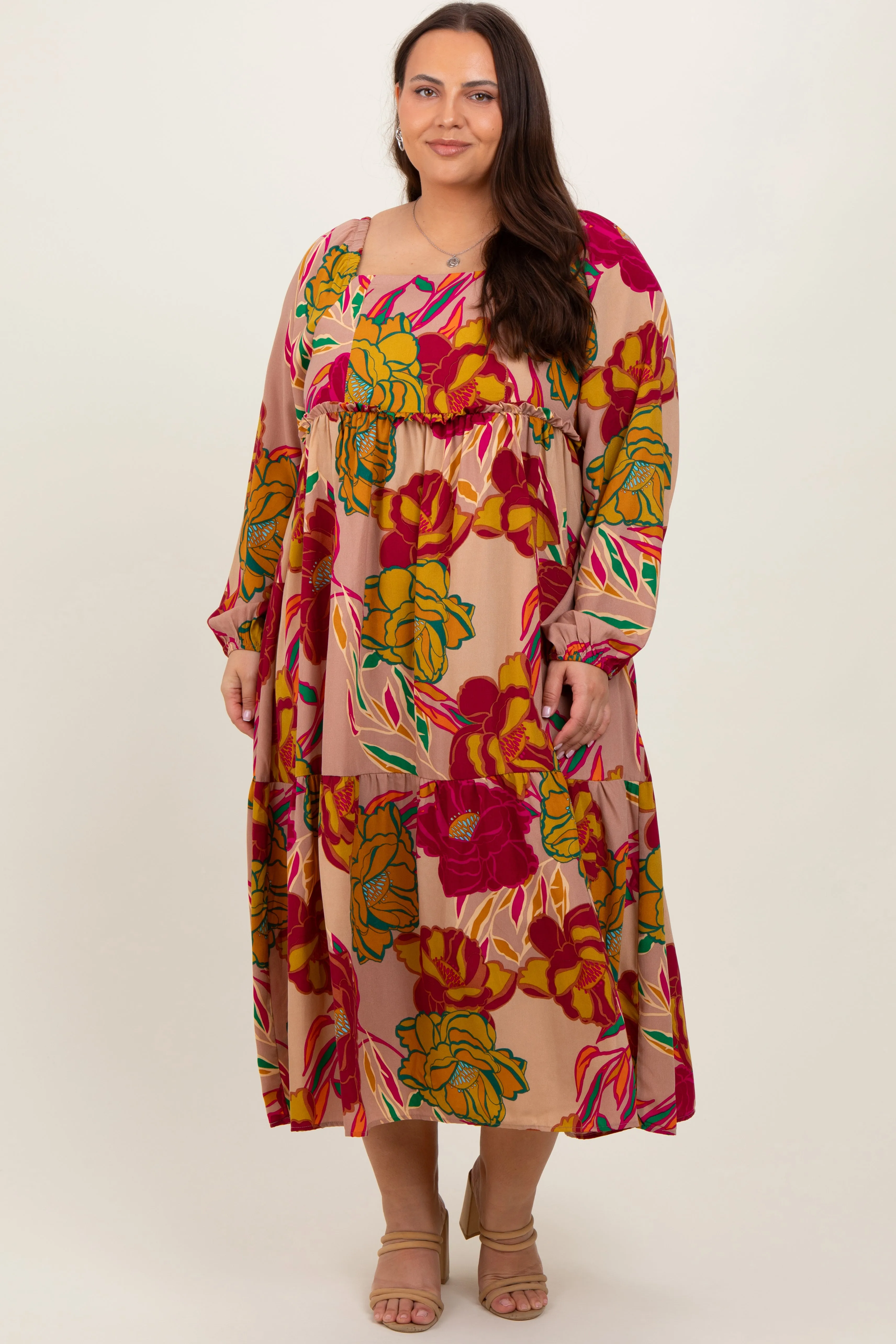 Mocha Floral Long Sleeve Plus Midi Dress sold by Pinkblush