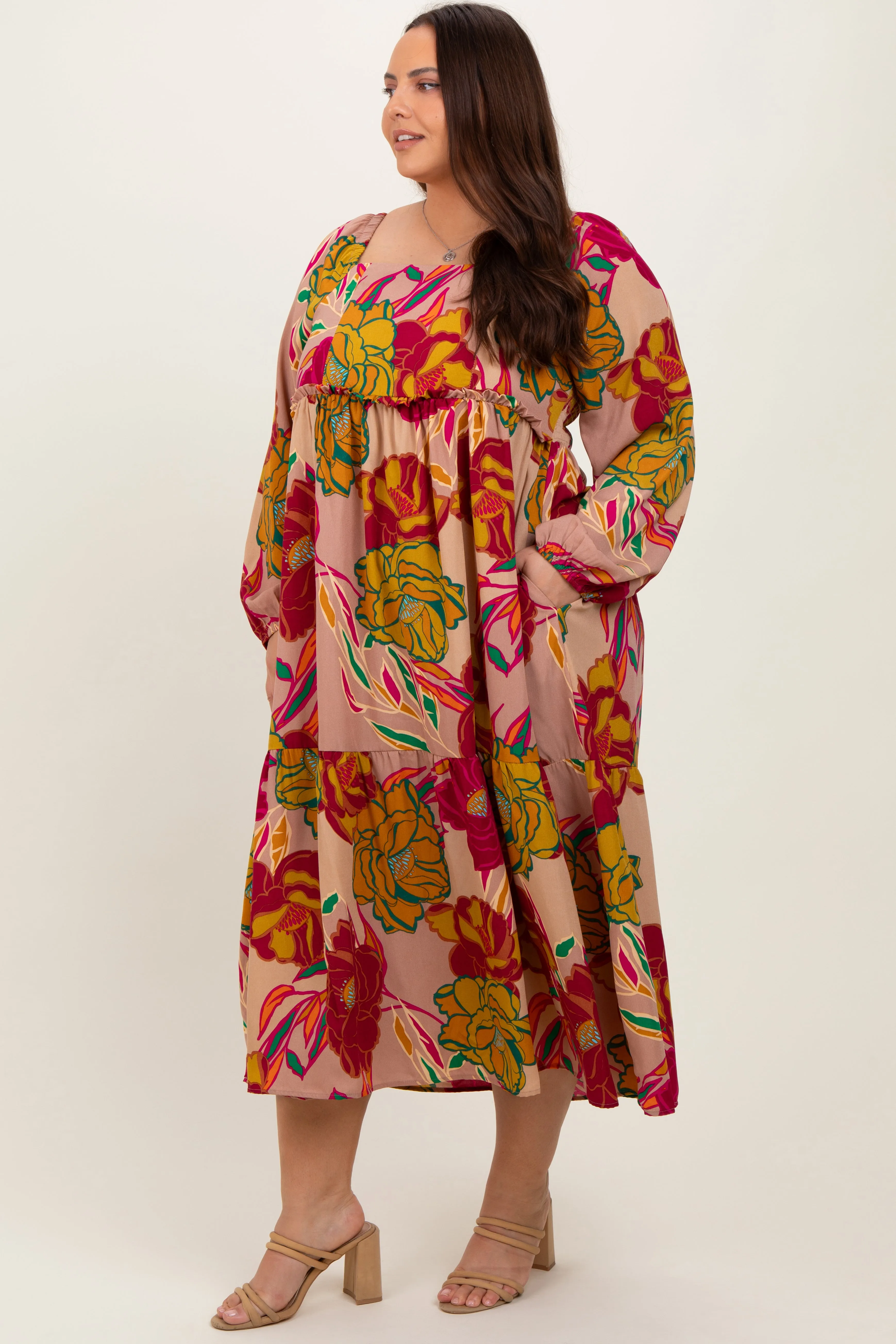 Mocha Floral Long Sleeve Plus Midi Dress sold by Pinkblush product image thumbnail 2