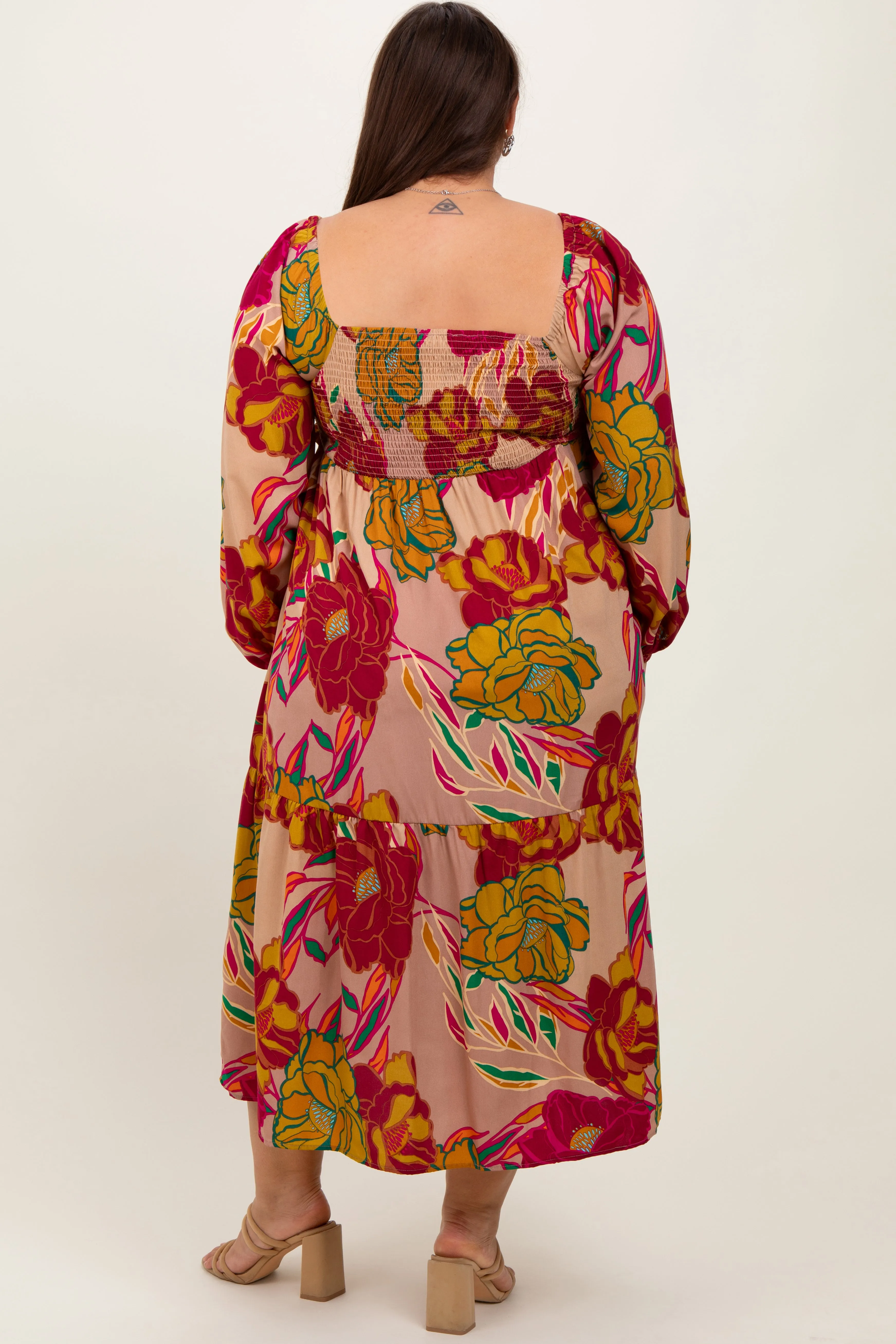 Mocha Floral Long Sleeve Plus Midi Dress sold by Pinkblush product image thumbnail 3