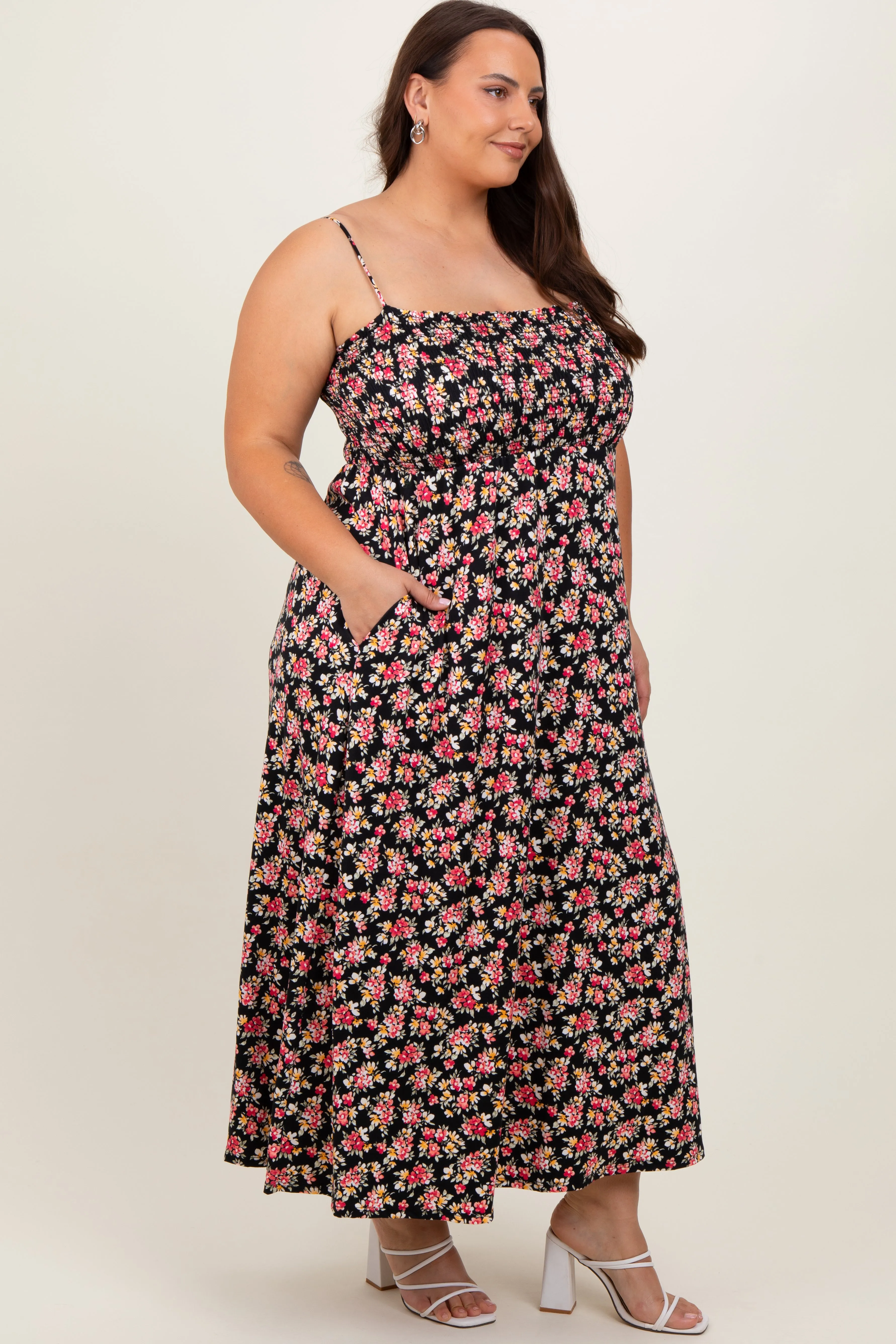 Black Square Neck Smocked Plus Midi Dress sold by Pinkblush product image thumbnail 3