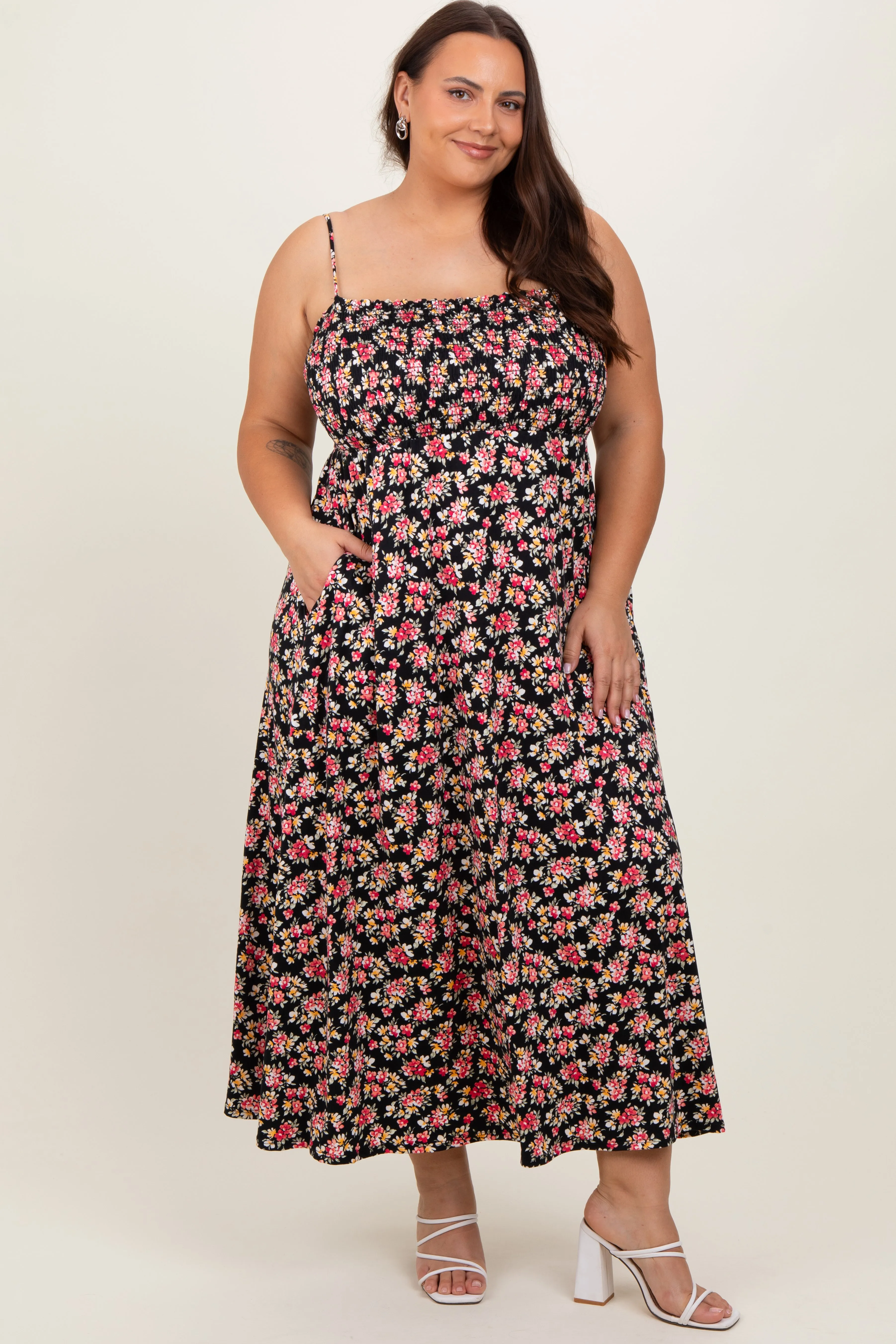 Black Square Neck Smocked Plus Midi Dress sold by Pinkblush