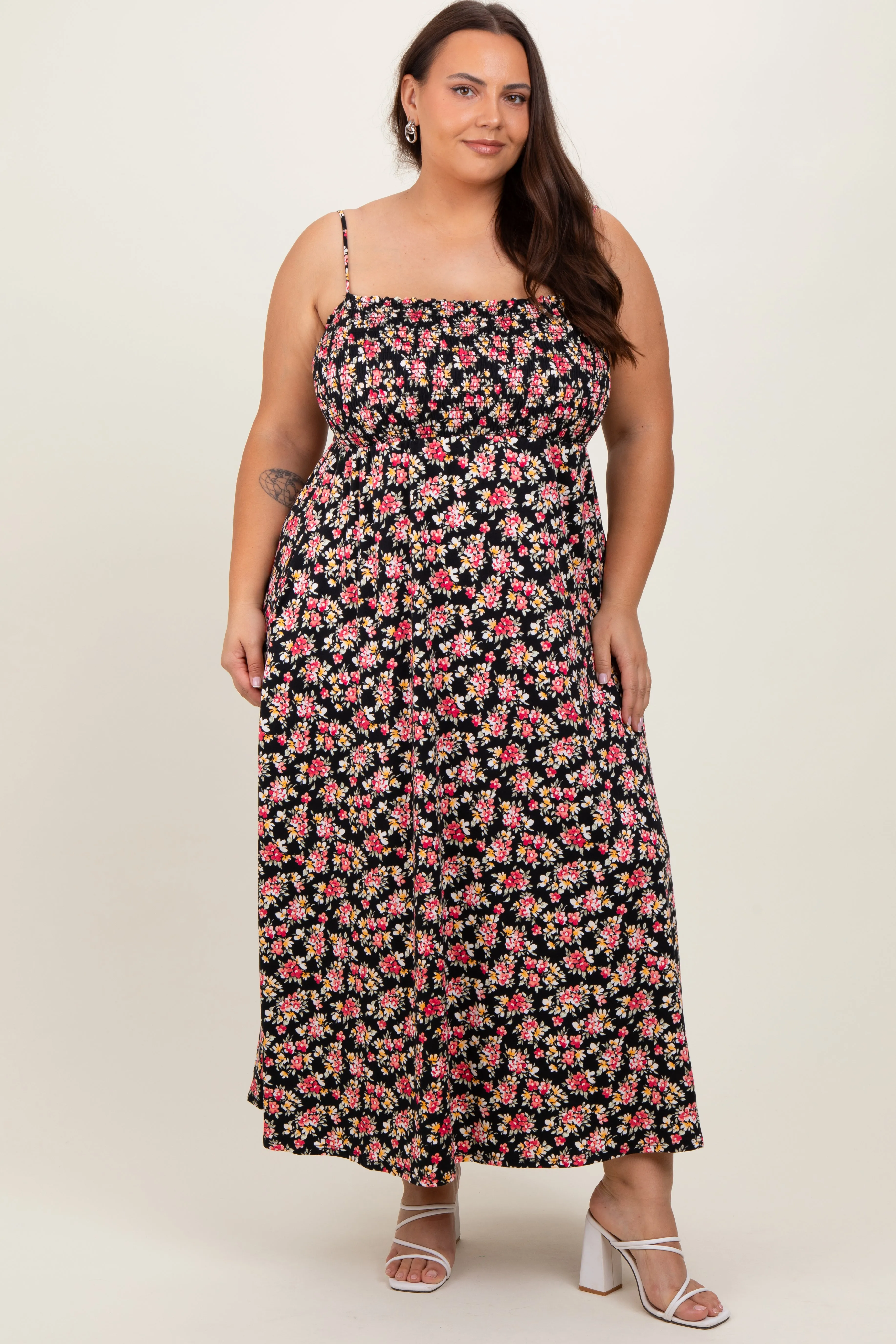 Black Square Neck Smocked Plus Midi Dress sold by Pinkblush product image thumbnail 2