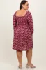 Burgundy Floral Ruched Long Sleeve Plus Dress sold by Pinkblush