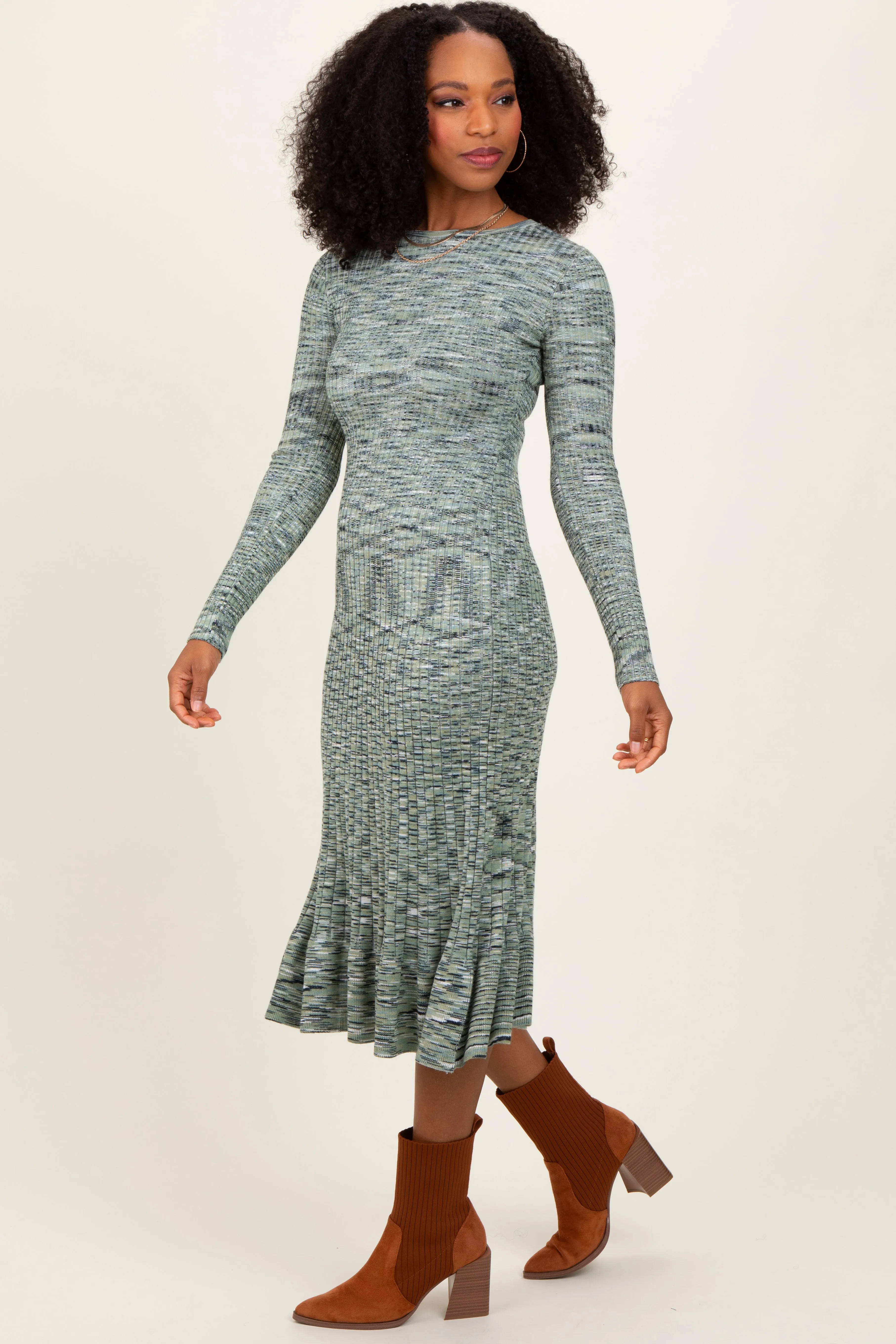 Olive Marled Ribbed Ruffle Hem Midi Dress sold by Pinkblush product image thumbnail 3