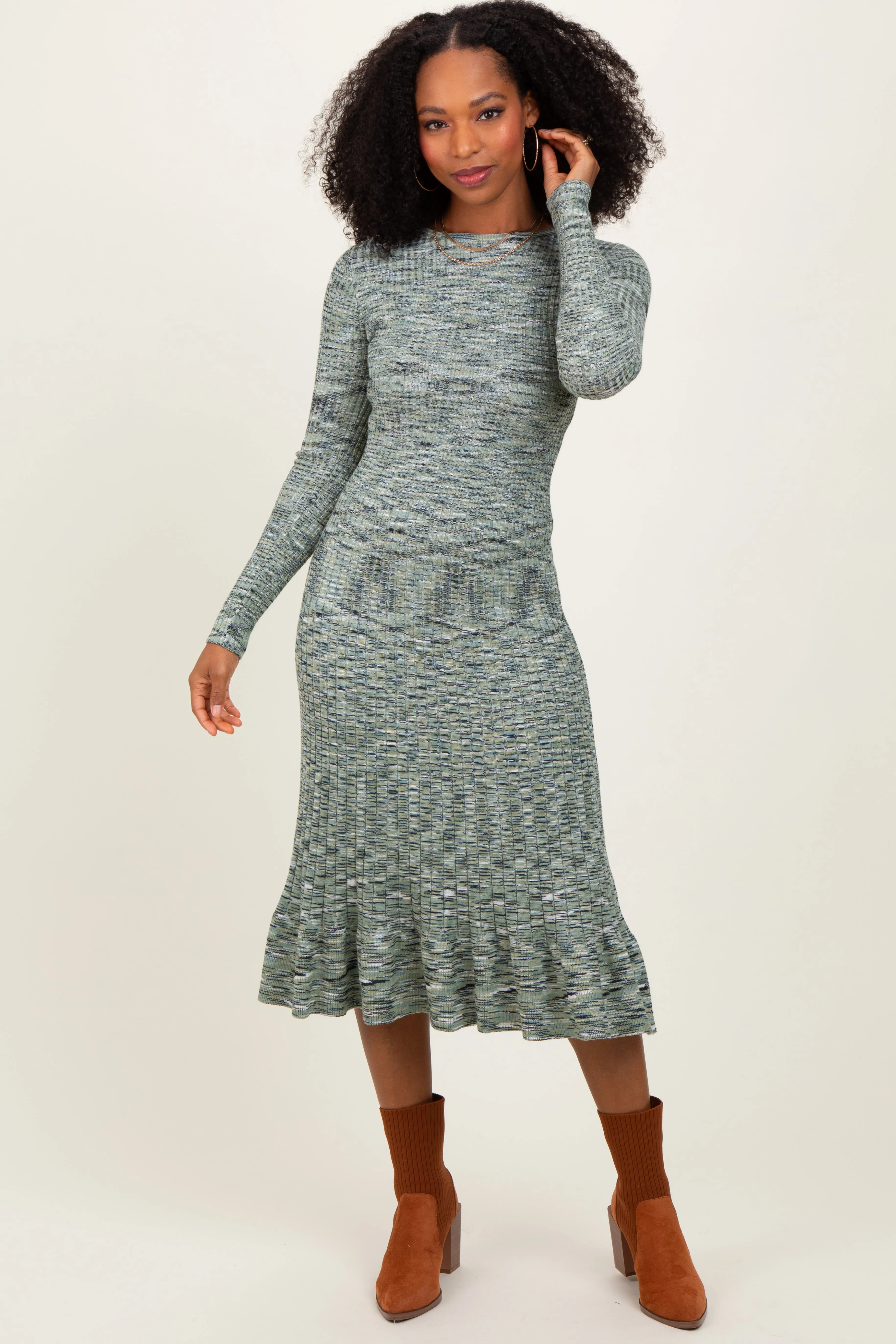 Olive Marled Ribbed Ruffle Hem Midi Dress sold by Pinkblush product image thumbnail 2