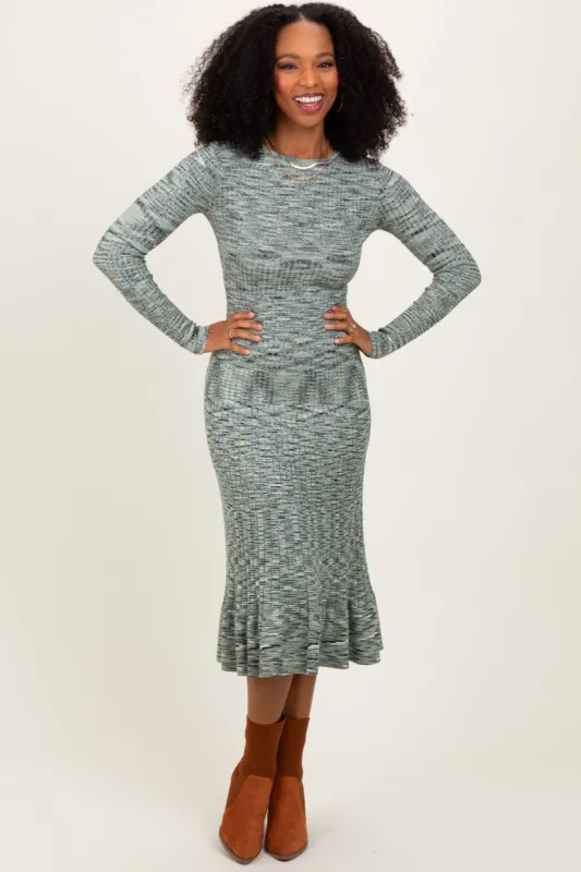 Olive Marled Ribbed Ruffle Hem Midi Dress sold by Pinkblush